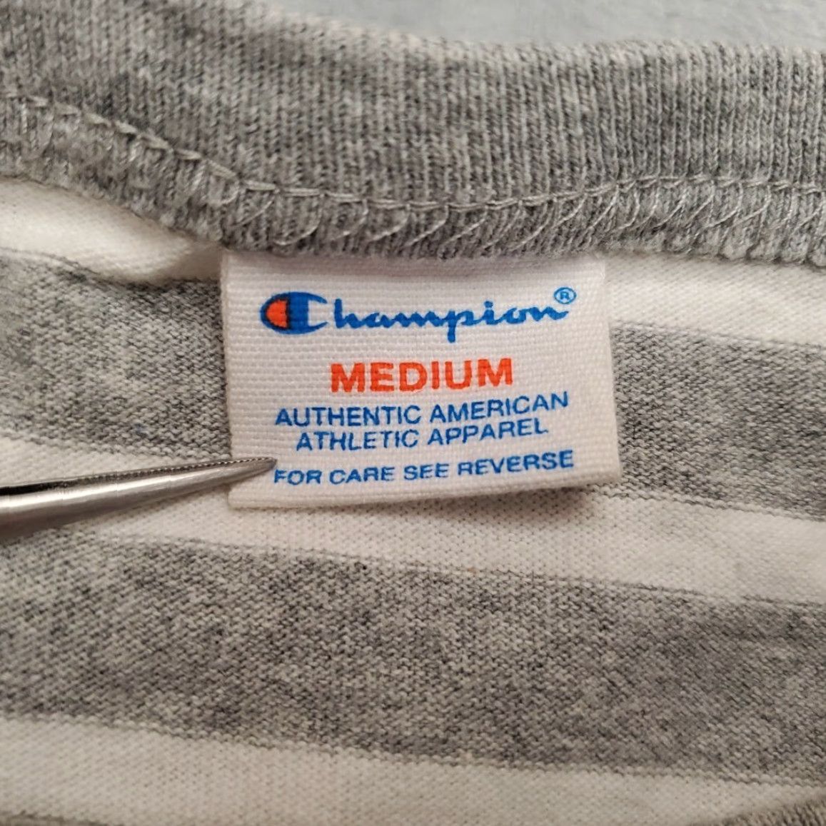 Champion VINTAGE Champion Shirt Mens Medium Gray Striped Embroidered Spellout Cotton Crewneck TEE Size US M / EU 48-50 / 2 - 5 Thumbnail