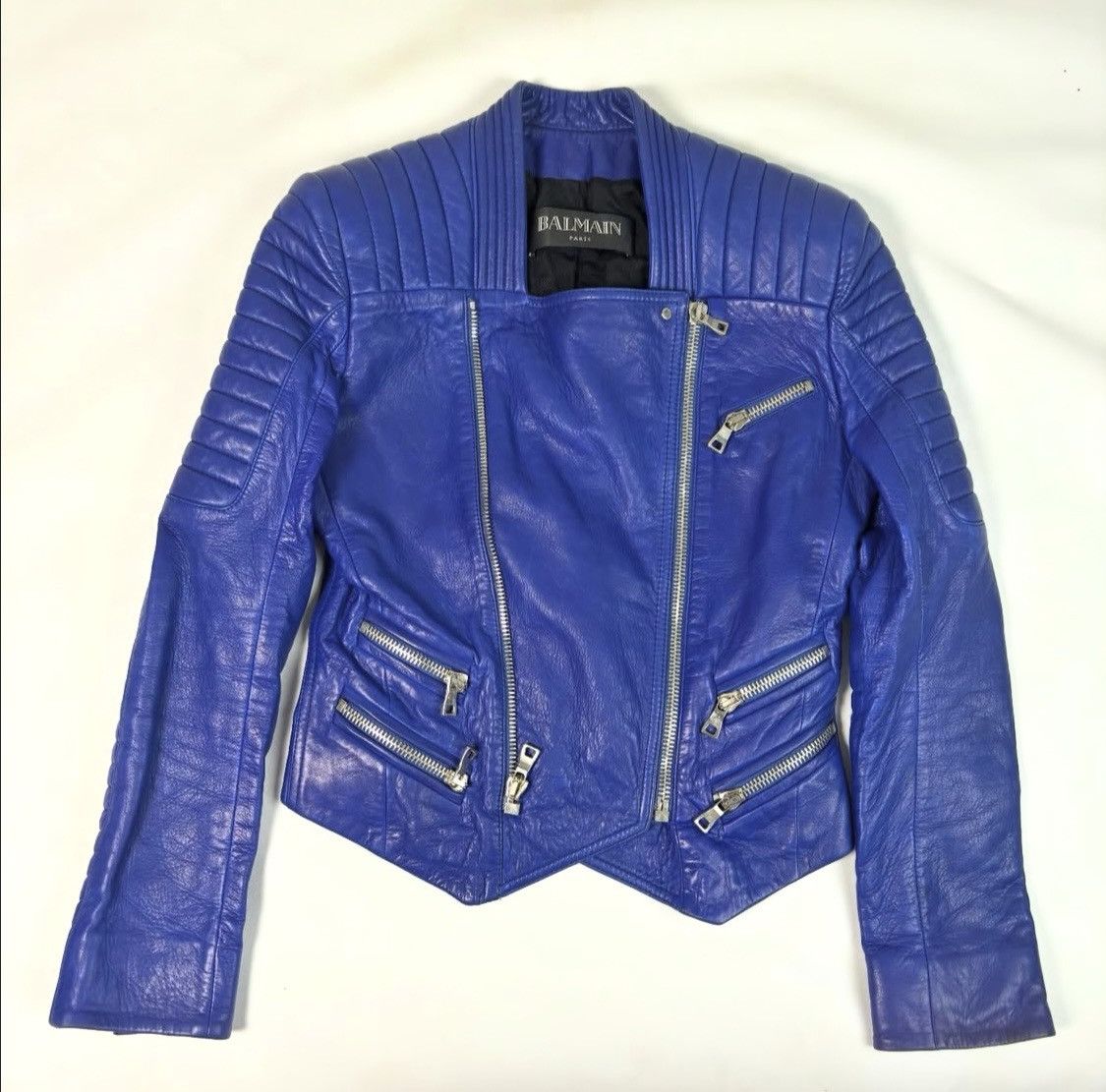 Balmain BALMAIN PARIS Electric Blue Lambskin Leather Biker Jacket Size XS / US 0-2 / IT 36-38 - 1 Thumbnail