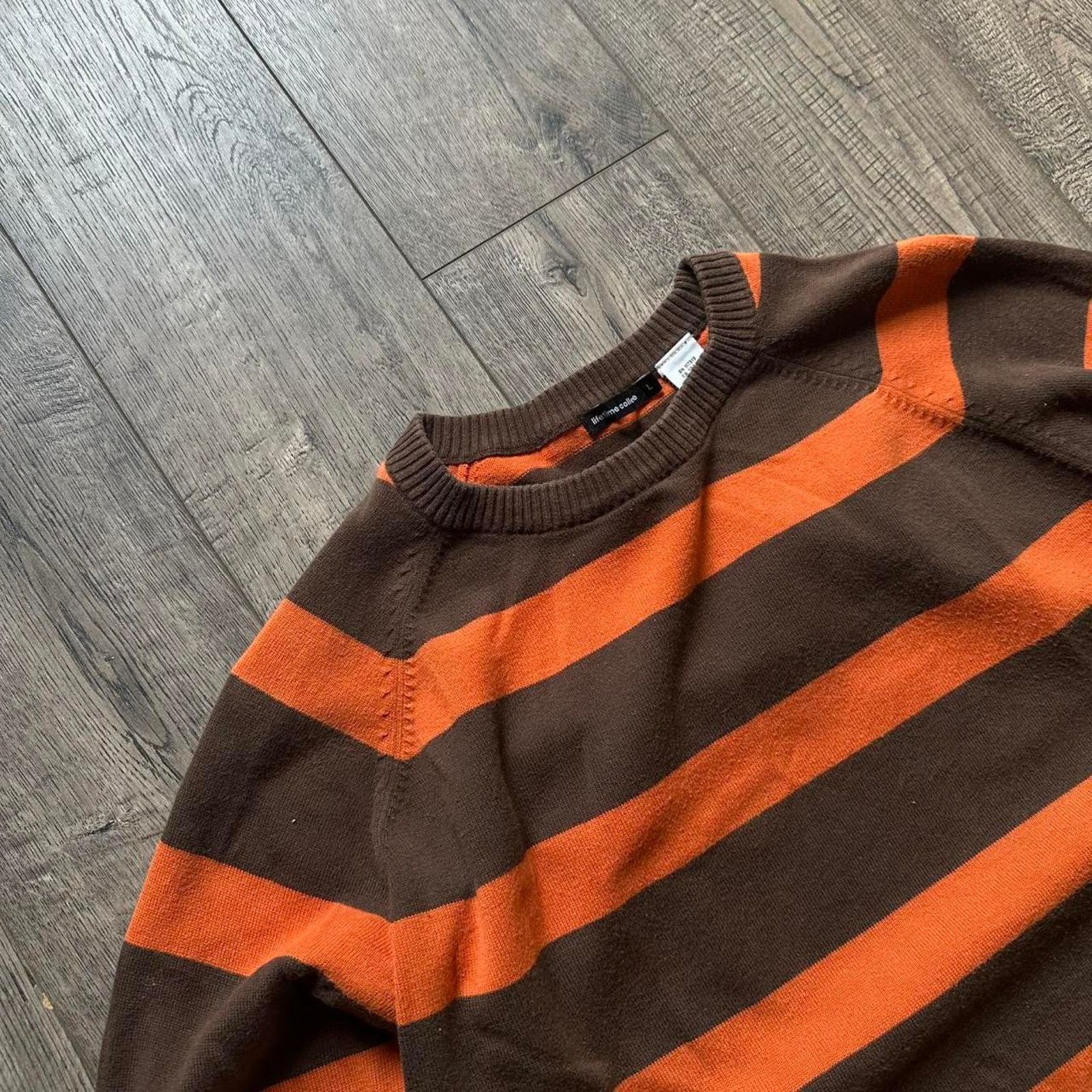 Vintage Vintage Y2K 00s Orange Brown Striped Basic Pullover Sweater Size US L / EU 52-54 / 3 - 6 Thumbnail