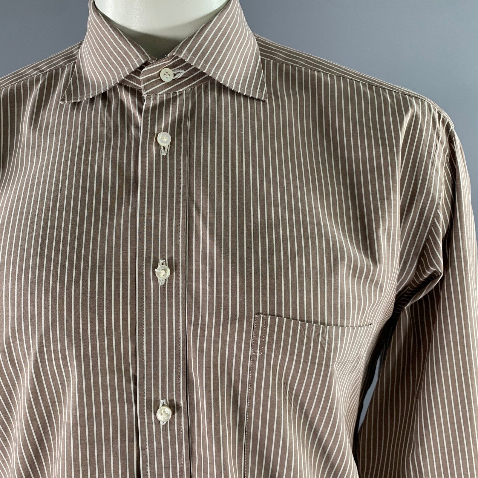 Other BORRELLI Size L Brown White Stripe Cotton Long Sleeve Shirt Size 48R - 2 Thumbnail