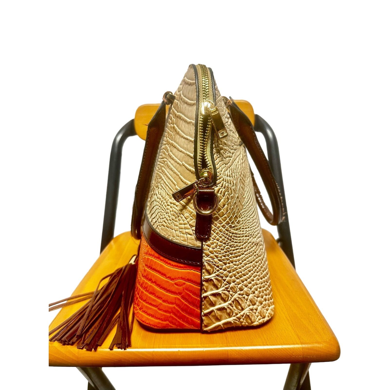 Handmade Beige & orange leather crocodile print handbag brown tassel Size ONE SIZE - 5 Thumbnail