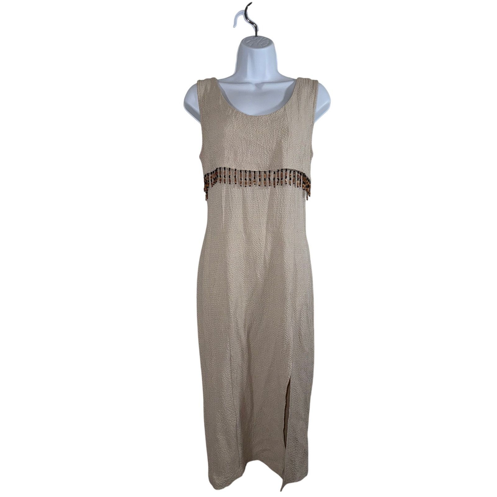 Vintage Vintage 90's Be Smart Boho Wood Beaded Trim Beige Maxi Dress Size M / US 6-8 / IT 42-44 - 1 Thumbnail