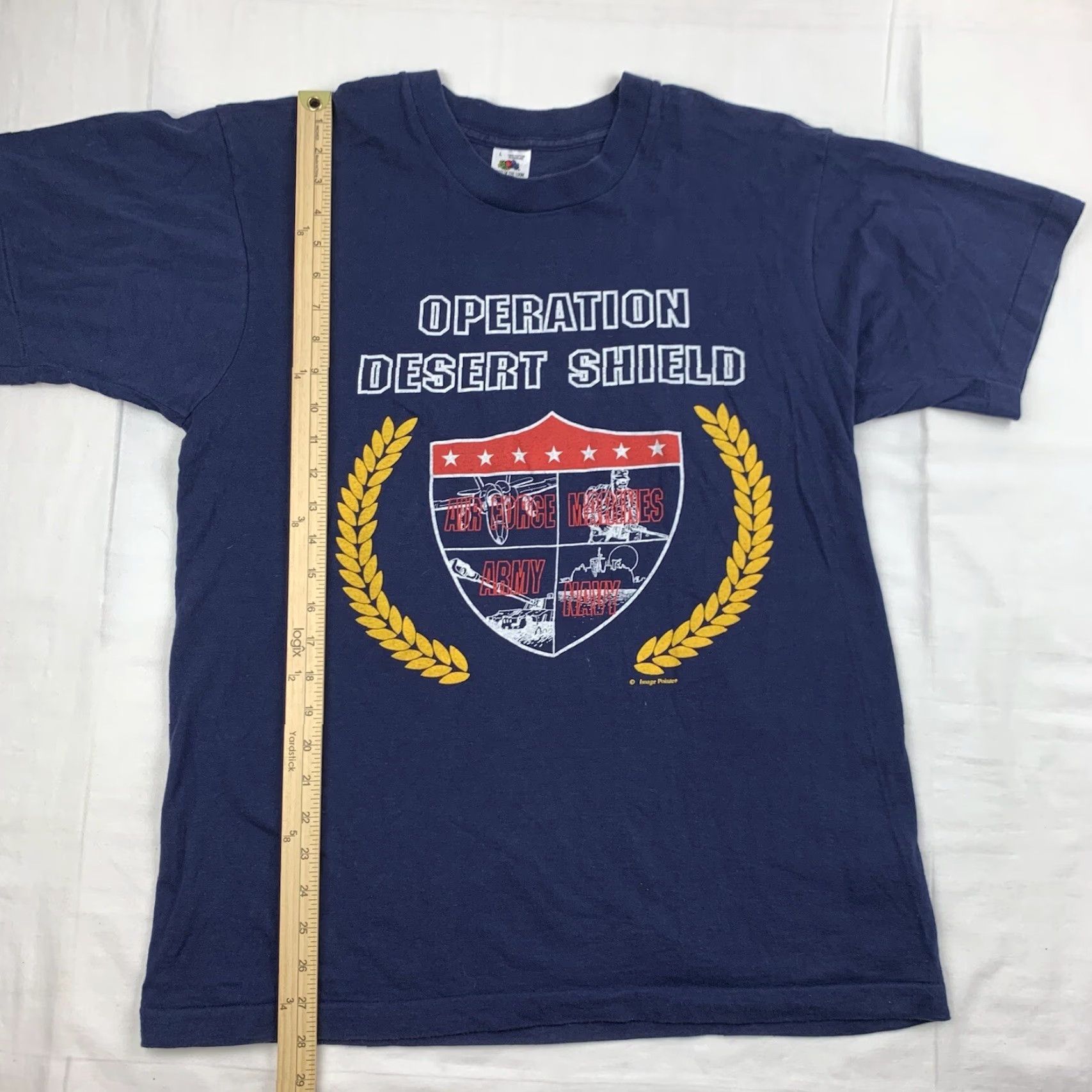 Fruit Of The Loom VINTAGE Operation Desert Shield Shirt Adult Large Blue United States Military Fruit of the Loom Shirt Mens 90s Military Size US L / EU 52-54 / 3 - 4 Thumbnail