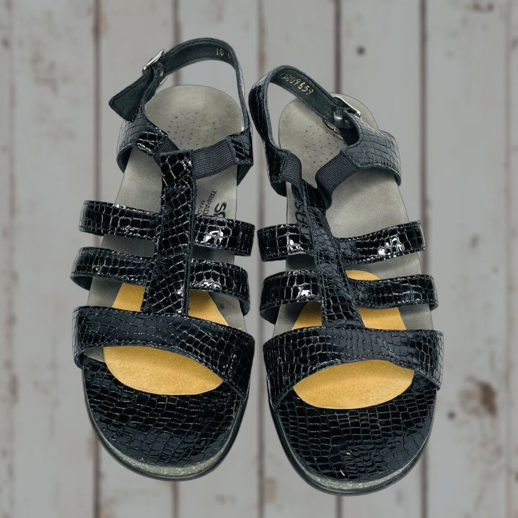 SAS VINTAGE SAS Tripad Allegro Black Patent Leather Croc Snake Print Heel Sandals Sz 10 N Size US 10 / IT 40 - 1 Thumbnail