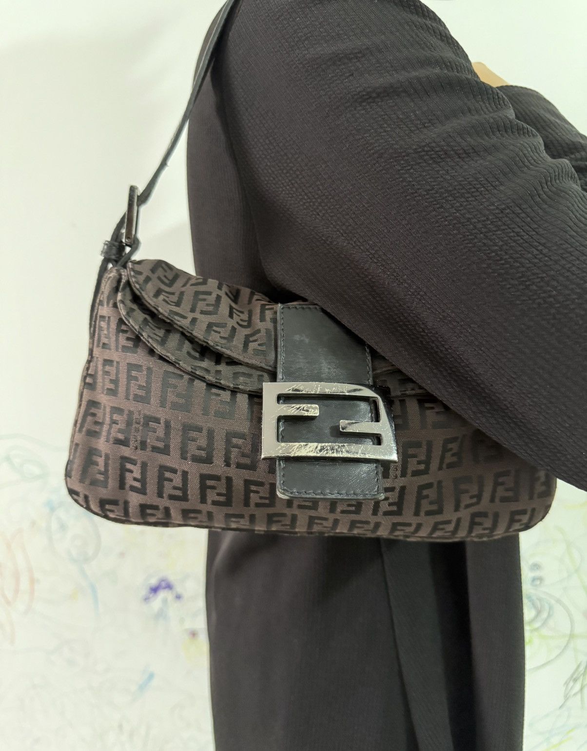 Fendi Dark Brown Double Flap Baguette Shoulder Bag, Women's