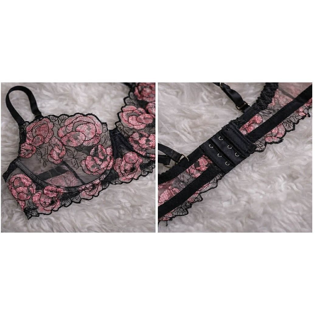 Other BRAND NEW Lace Mesh Black and Pink Rose Bra Lingerie Top 1XL Size ONE SIZE - 4 Thumbnail
