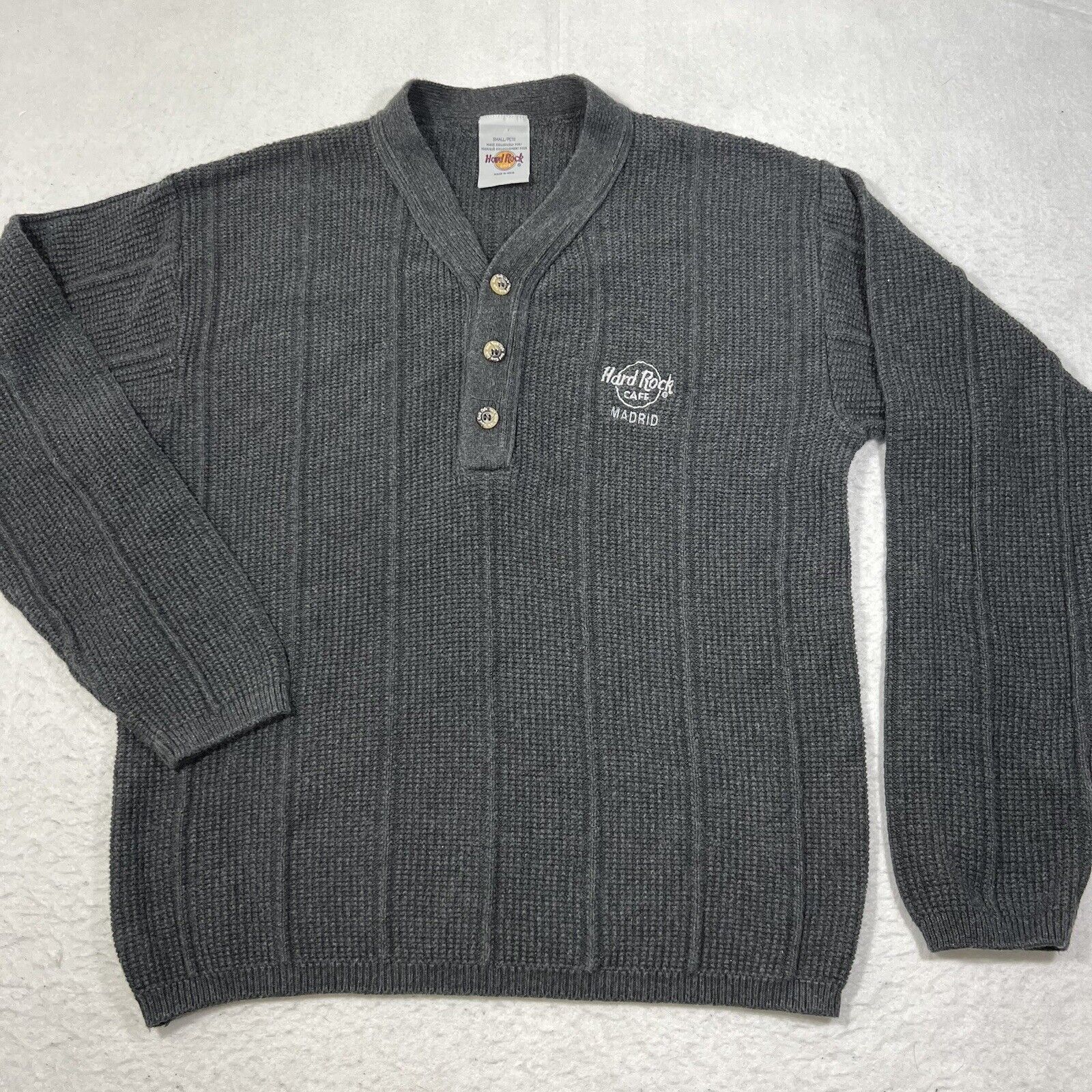 Hard Rock Cafe Vintage Hard Rock Cafe Madrid Henley Knit Sweater Gray Size S / US 4 / IT 40 - 1 Thumbnail