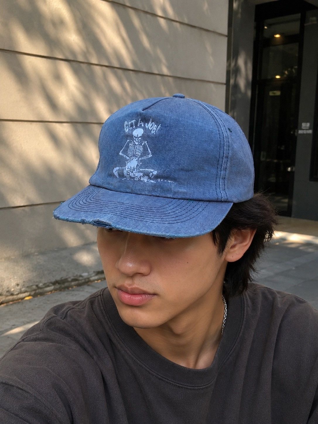 Fashion Victim 1990s FASHION VICTIM “GET A JOB” SKULL DISTRESSED FADED CAP Size ONE SIZE - 1 Thumbnail