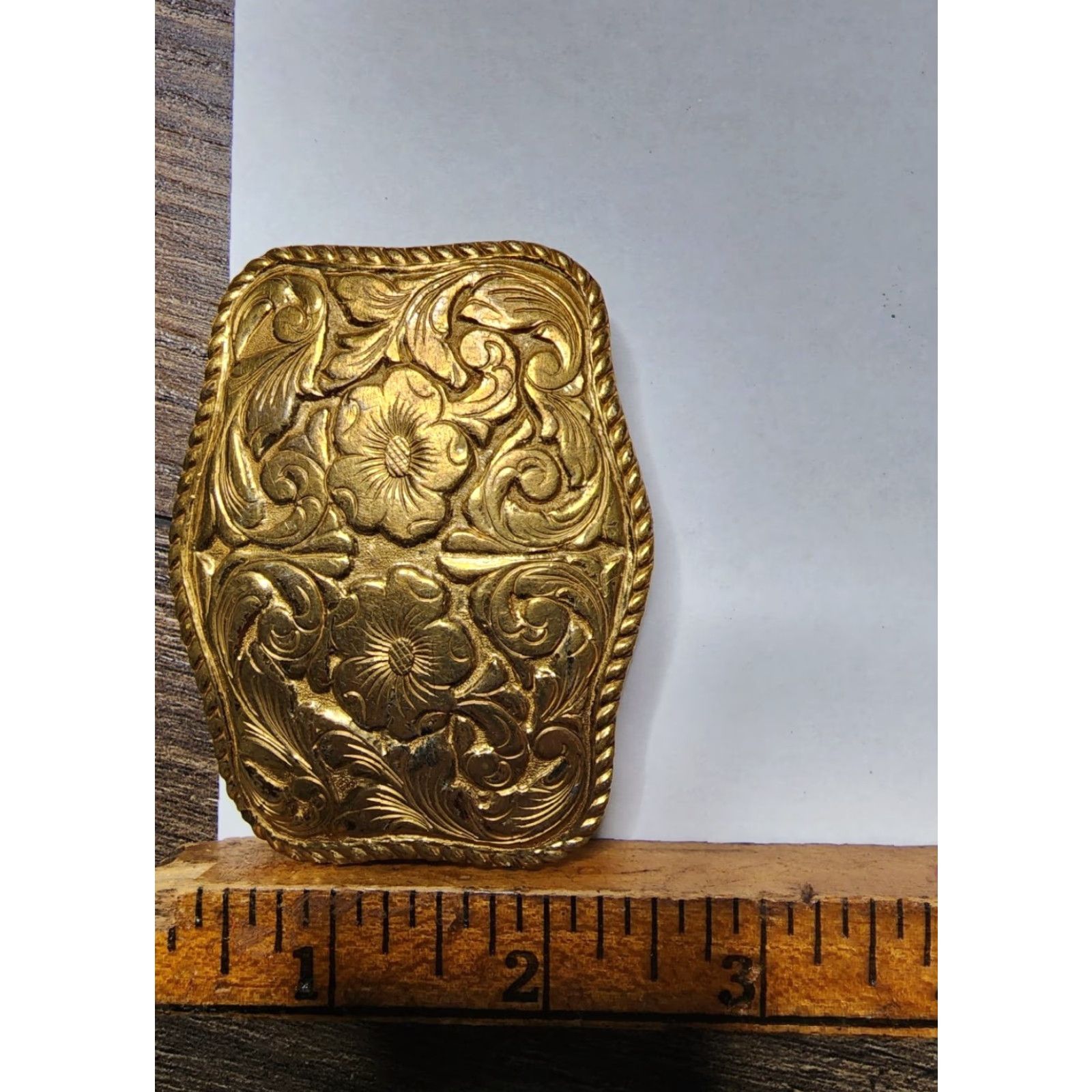 Vintage VINTAGE Crumrine Belt Buckle Floral Western Goldtone Belt Buckle Men Adult Gold Tone Floral Pattern 1980s Western Cowboy Jewelry Size ONE SIZE - 4 Thumbnail