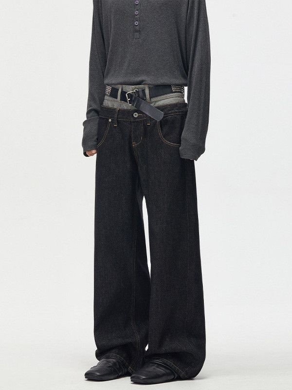 Vintage American-Style Spliced ​​jeans With Double-Waistband Detail in Black, Men's (Size 32)