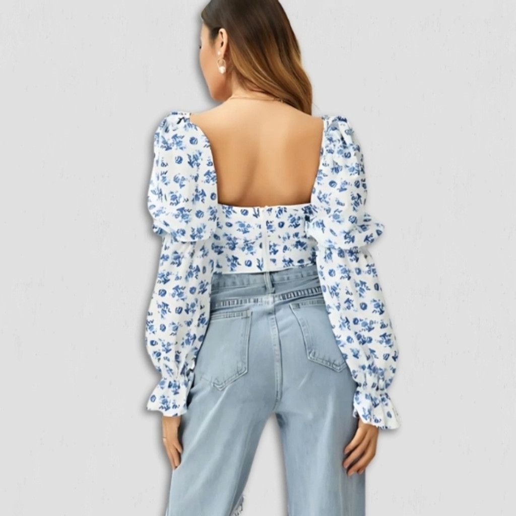 Vintage Y2K boho Cropped Top Tie Trumpet Sleeves Floral Blue White M Size M / US 6-8 / IT 42-44 - 2 Thumbnail