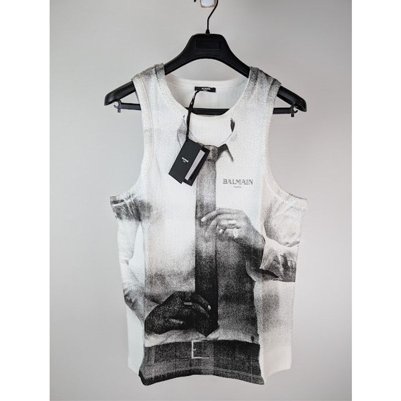 Balmain o1rshd1 Ribbed Tie Print Tank Top in White Size US XL / EU 56 / 4 - 8 Thumbnail