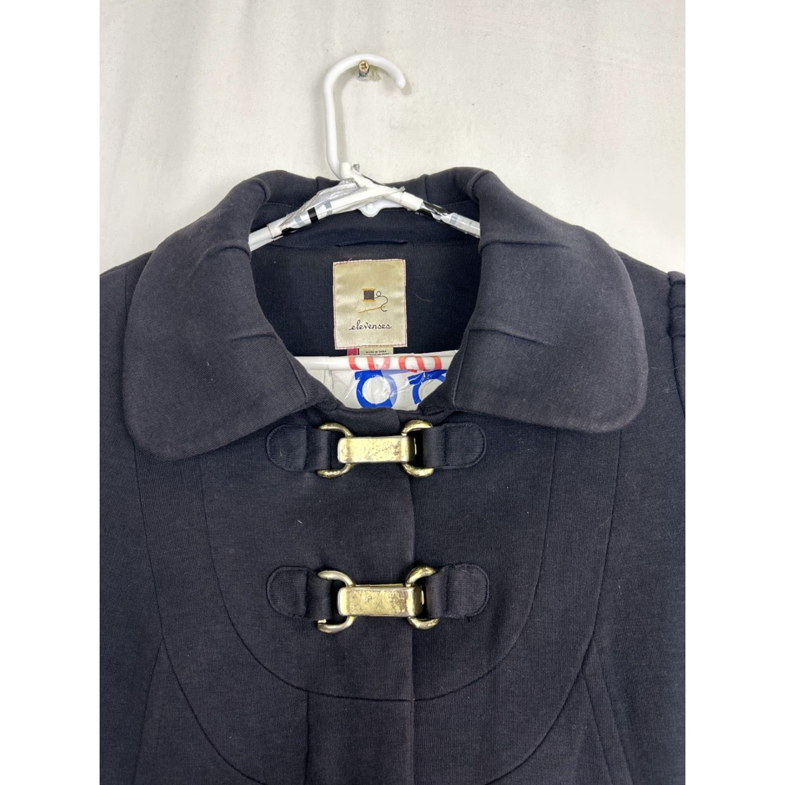 Anthropologie VINTAGE Elevenses Navy Pea Coat Coat Women 6 Cotton Wool Blend Double Clasp Hidden Button Blue 90s Mens? Size M / US 6-8 / IT 42-44 - 3 Thumbnail