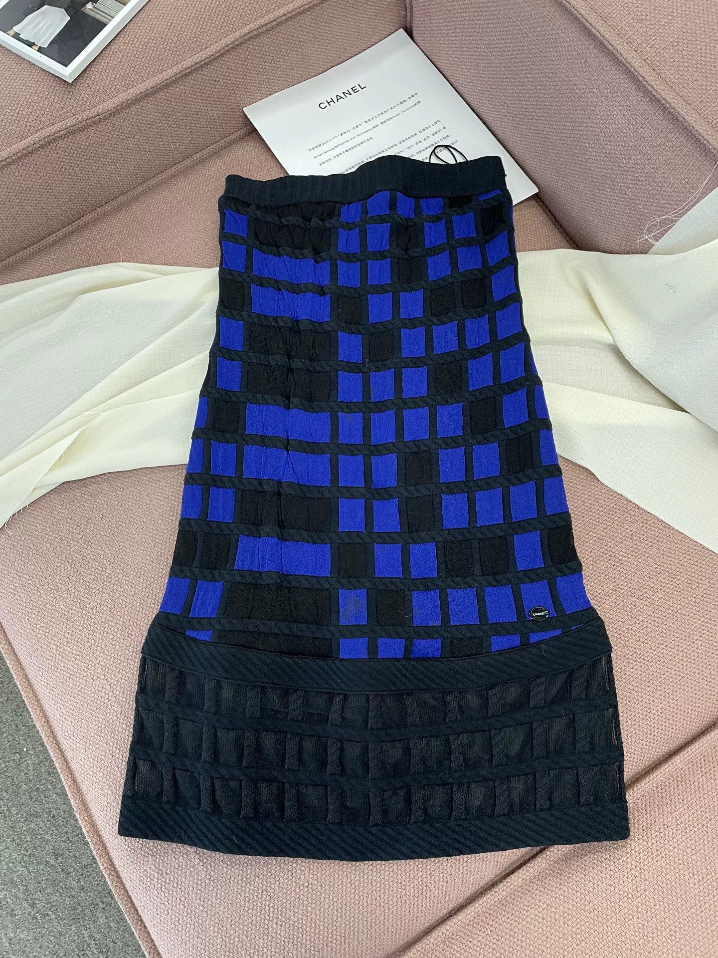 Chanel Blue Black Plaid Strapless Dress