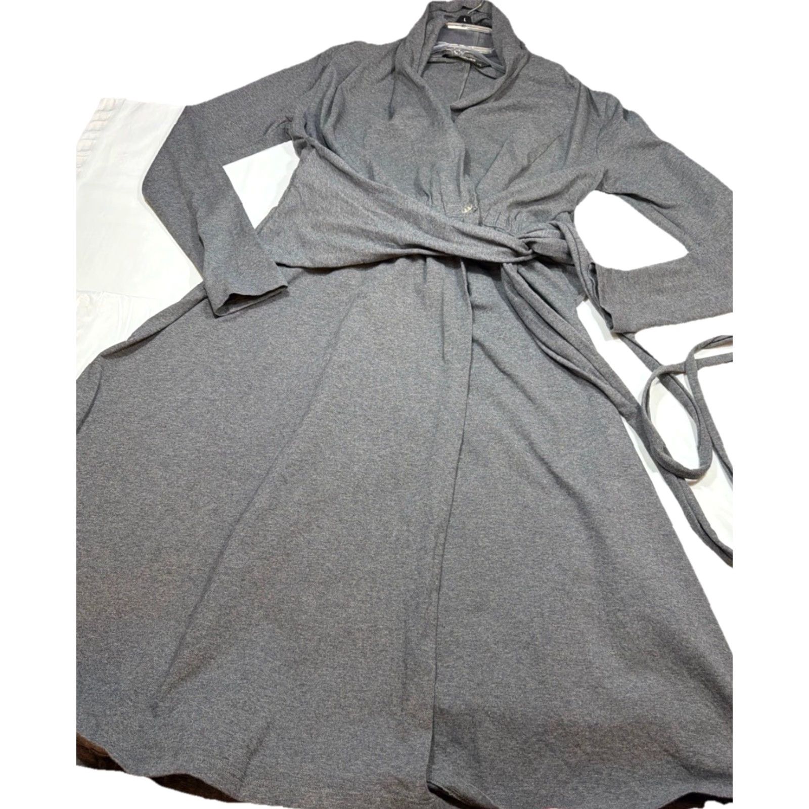 Vintage eShakti Dress Women L Gray Cotton Solid V Neck Wrap Tie Waist Knit Long Sleeves Obi Size L / US 10 / IT 46 - 2 Thumbnail