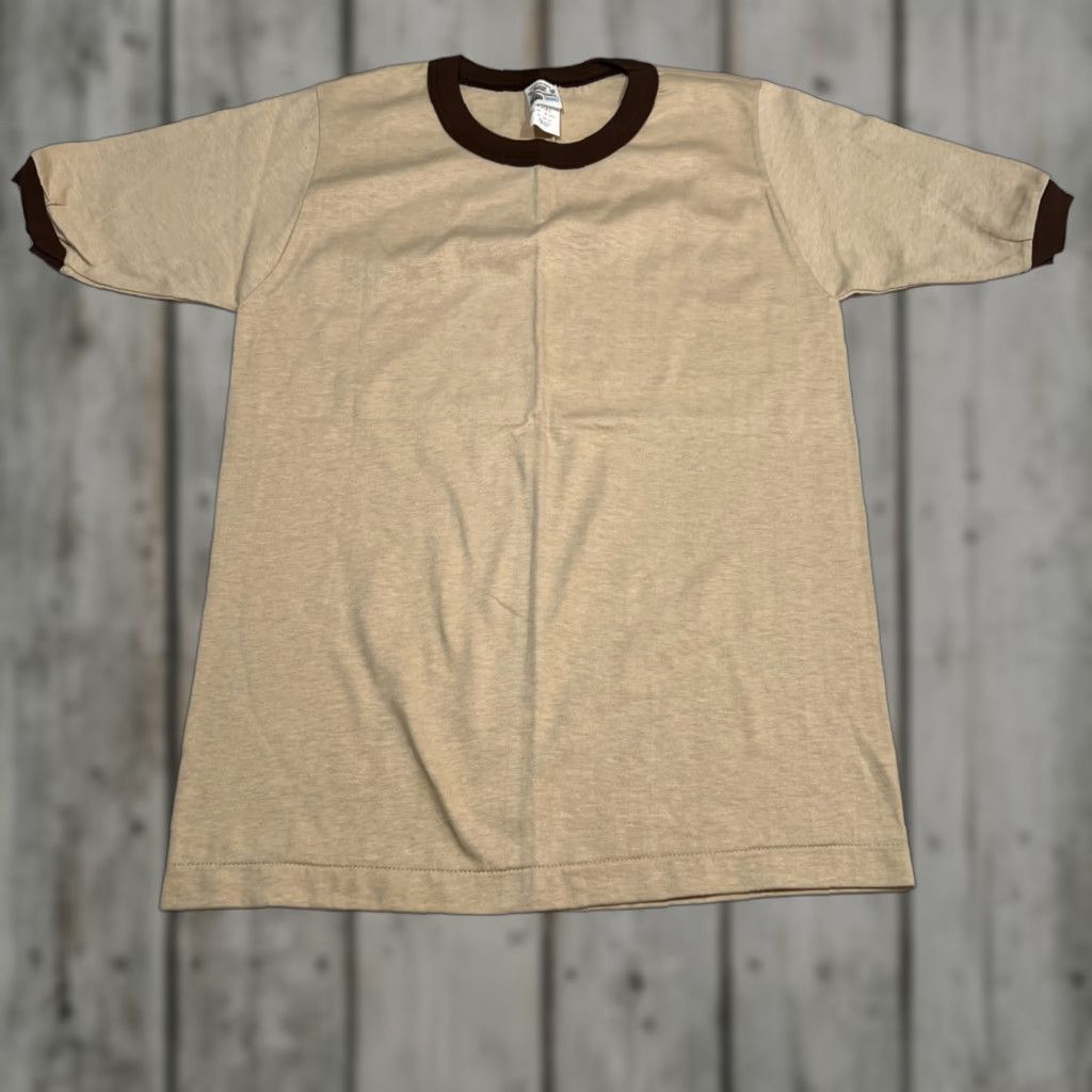 Vintage 70s Ringer T Shirt Youth Size 16 Brown Surf Skater Cotton Blend Made USA
