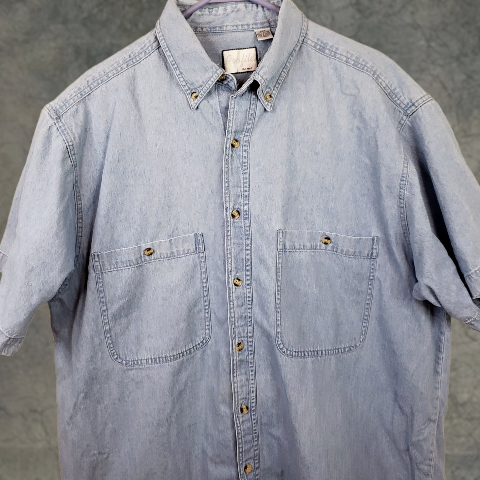 Vintage Profile for Men Denim Shirt 2XT Light Blue Long Sleeve Button-Up Pockets Casual Workwear Shirts Mens Size US XXL / EU 58 / 5 - 1 Thumbnail