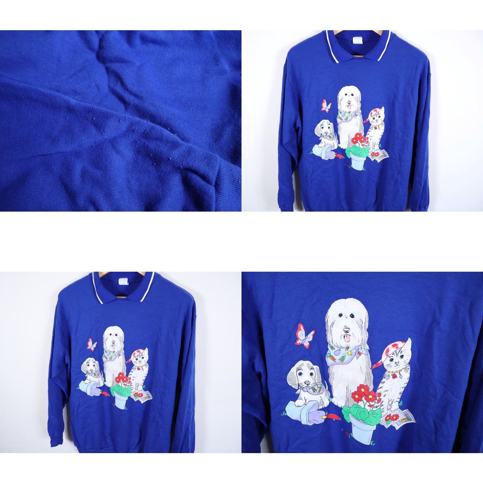 Vintage VINTAGE 80s Dogs Cats Flower Sweatshirt Women's Large Blue Collared Acrylic Grandma VTG Size L / US 10 / IT 46 - 8 Thumbnail