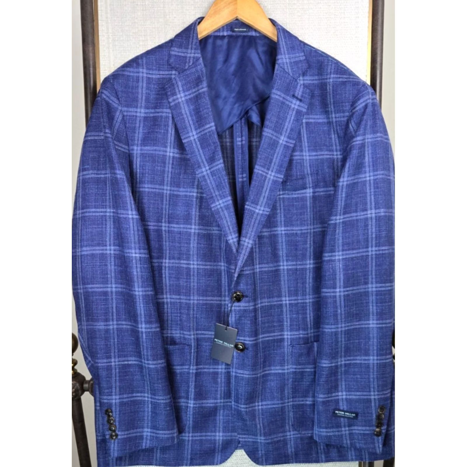 Peter Millar Peter Millar Jacket Blue Windowpane 48 Long Wool/Silk/Linen Unstructured Notch Lapel Size US M / EU 48-50 / 2 - 2 Thumbnail
