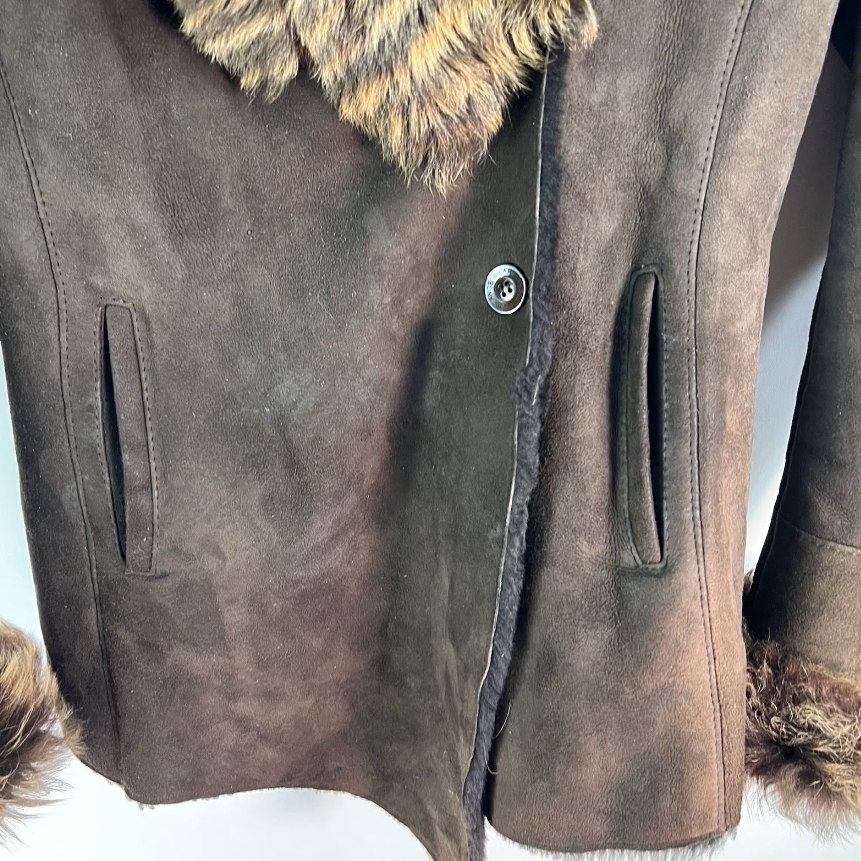 Vintage VINTAGE ArcAngel Paris Shearling Suede Coat Ladies S Brown Fur Lined Wool Zip Button Bomber Jacket Mid-Length Size S / US 4 / IT 40 - 3 Thumbnail