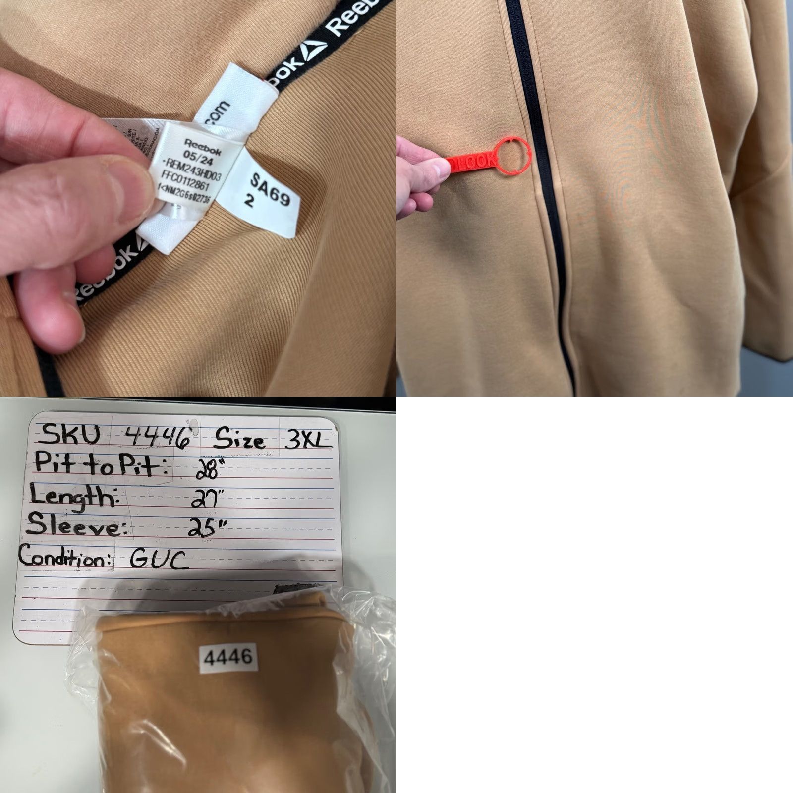 Reebok Reebok Momentum Fleece 3XL Full Zip Hoodie REM243HD03 Tech Athleisure Streetwear Hoodie Mens 3XL Beige Tan Size US XXL / EU 58 / 5 - 8 Thumbnail