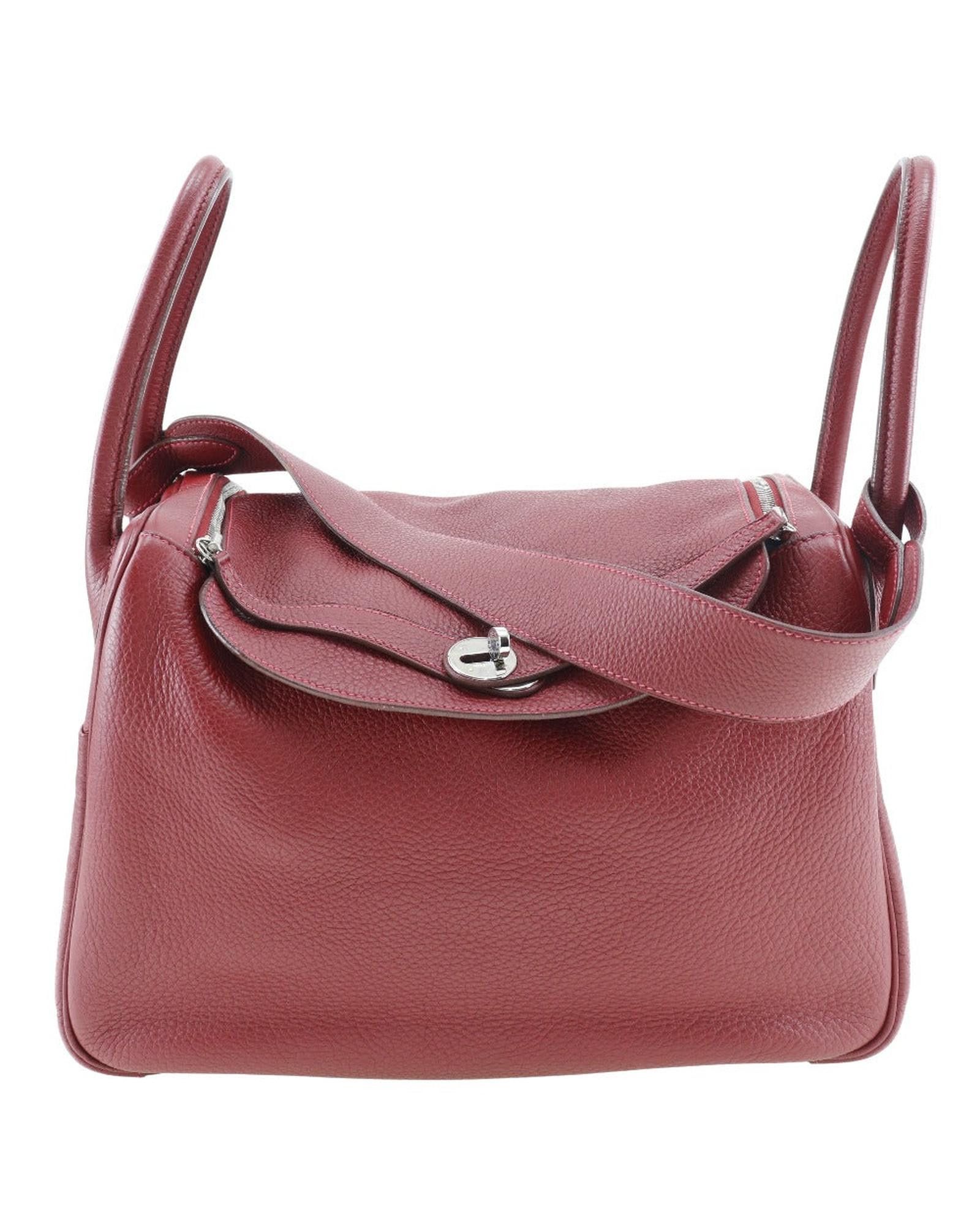 image of Hermes Sophisticated Burgundy Leather Handbag With Practical Organization, Women's
