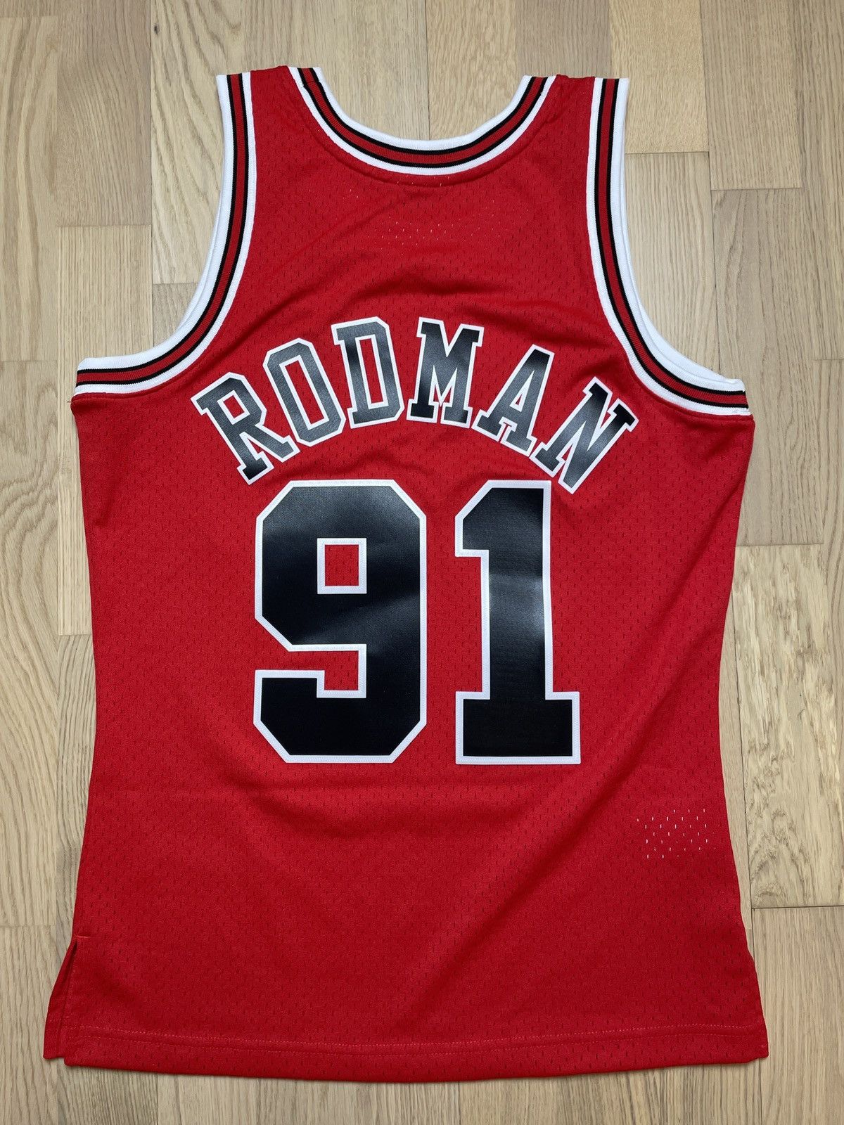 image of Mitchell Ness Dennis Rodman Chicago Bulls Road 1997-98 Swingman Jersey in Red, Men's (Size Small)