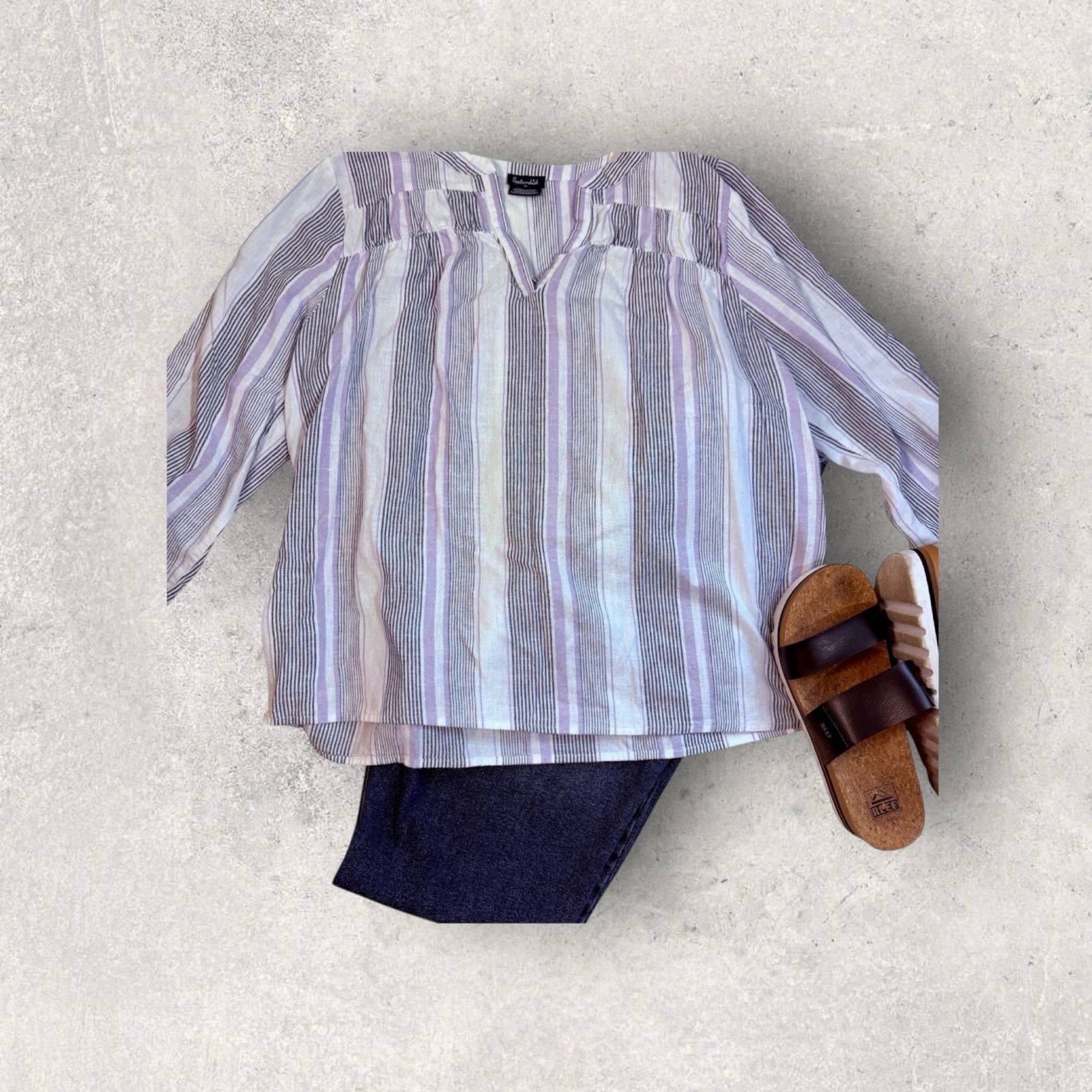 Anthropologie Anthropologie Lavender & Black Striped Linen Top Size ONE SIZE - 2 Thumbnail