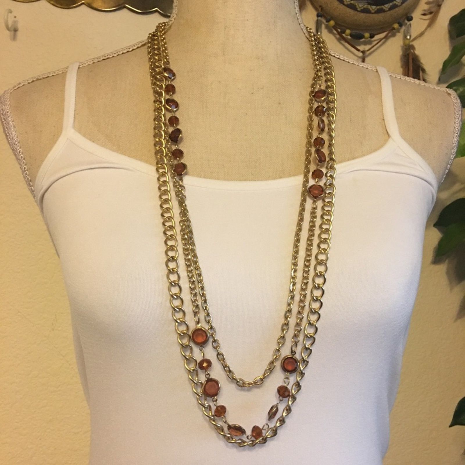 Jewelry Triple strand gold tone chain topaz necklace Size ONE SIZE - 1 Thumbnail