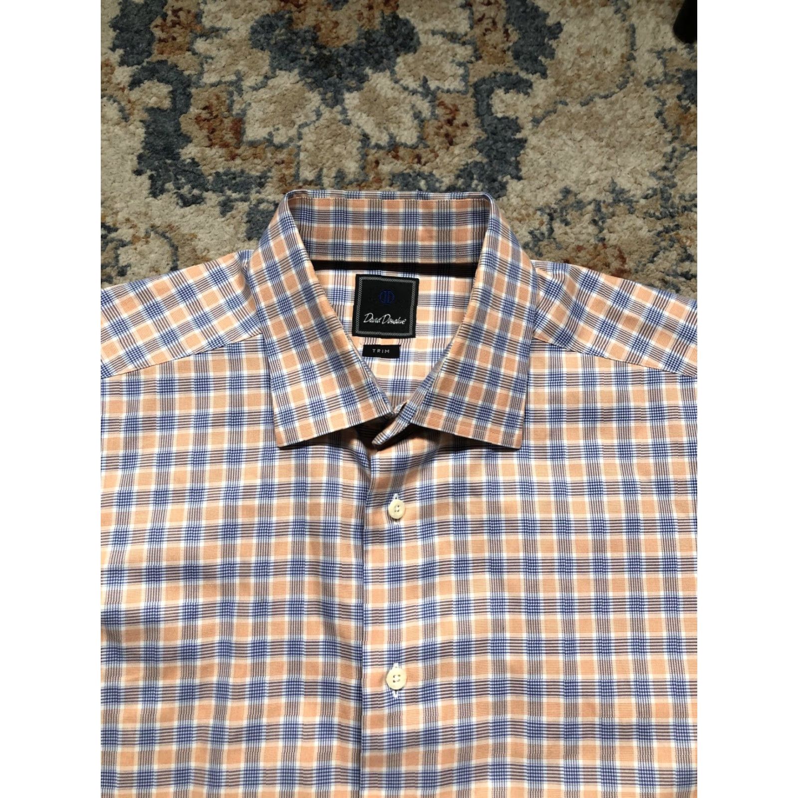 David Donahue David Donahue Dress Shirt Mens 17 36/37 Orange Plaid Long Sleeve Trim Fit Shirt Size 46R - 2 Thumbnail