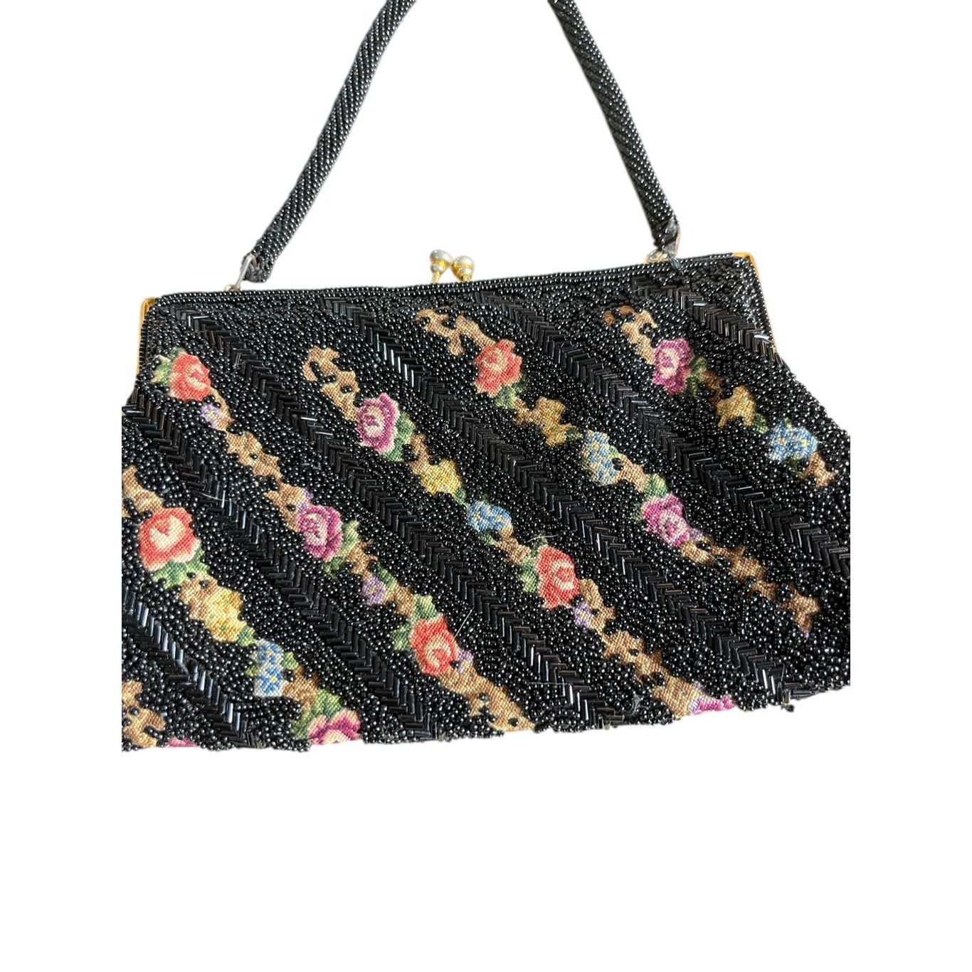 Other Vintage Beaded Handbag Black Beads Over Tapestry Kiss Lock C Size ONE SIZE - 2 Thumbnail