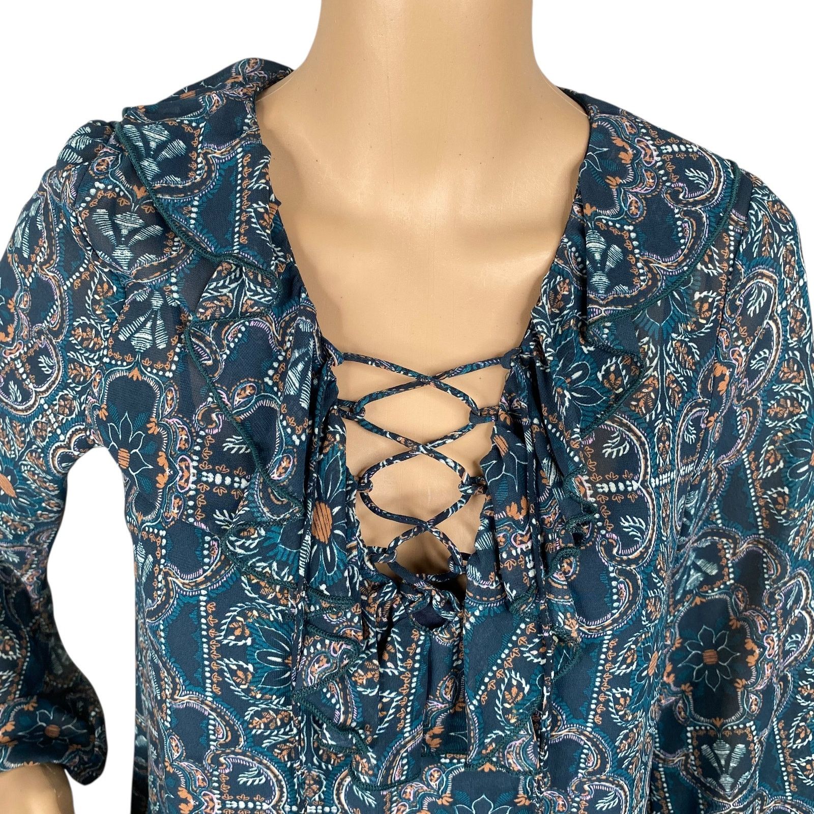 Neiman Marcus Suncoo Paris Teal Boho Ruffle Lace Up Shift Dress SZ XS Size XS / US 0-2 / IT 36-38 - 3 Thumbnail