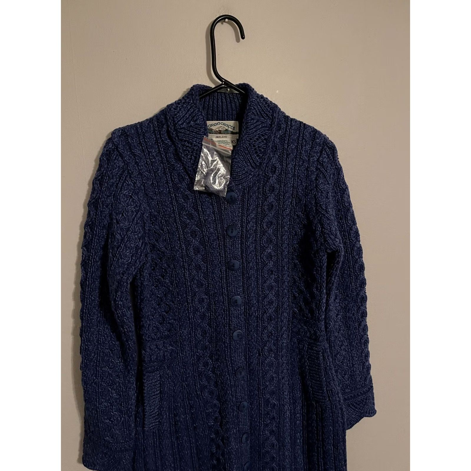 Vintage VINTAGE Aran Crafts Ireland Merino Wool Blue Knit Long Sweater Dress Women's XS Cardigan Knit Wool Collared Button Front 39" length Size XS / US 0-2 / IT 36-38 - 2 Thumbnail