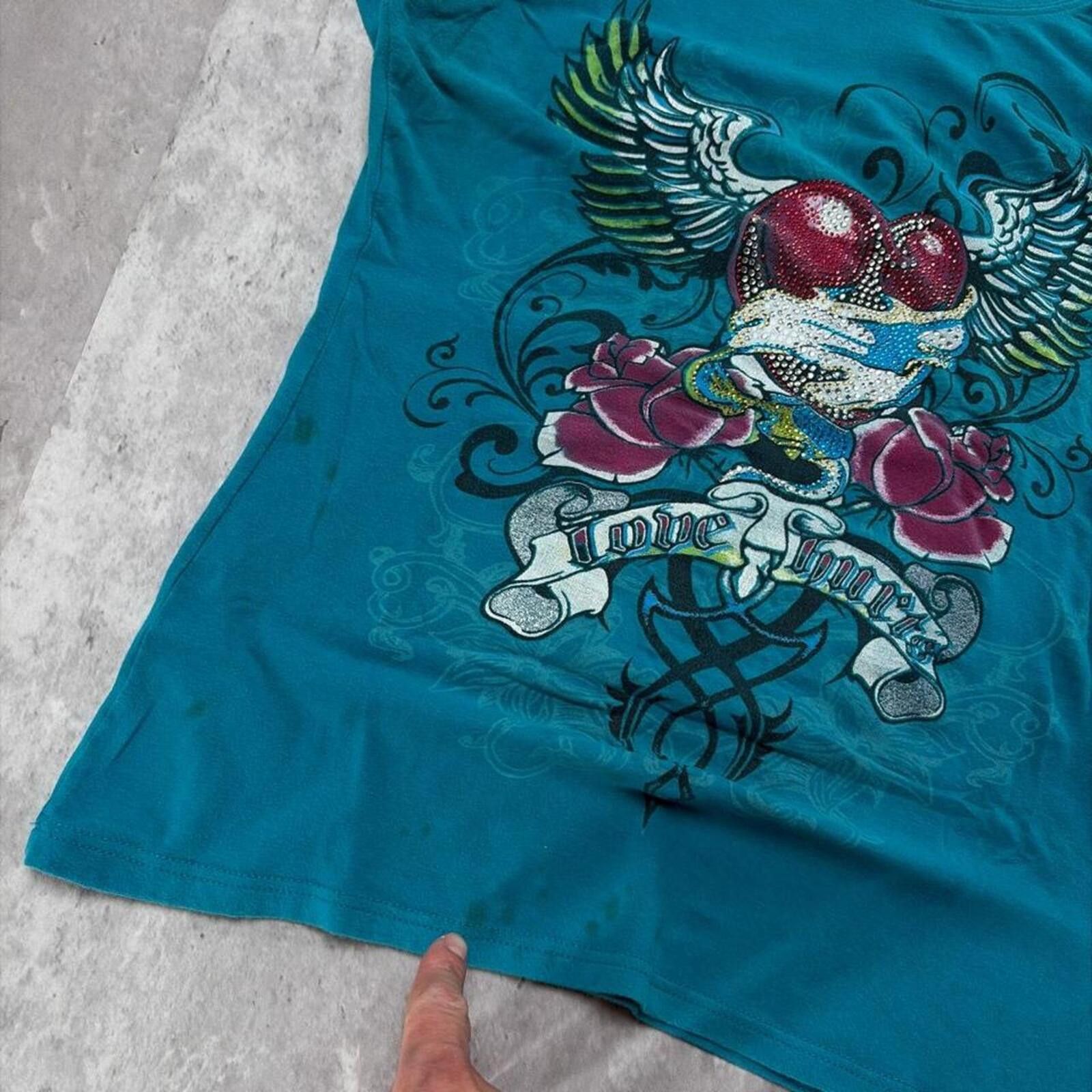 Other Y2K Teal Love Hurts Grunge Gothic Embellished T-Shirt Size M / US 6-8 / IT 42-44 - 7 Thumbnail