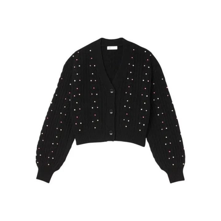 Sandro Sandro Black Puff Sleeve Knit Top with Pearls 0079 Size M / US 6-8 / IT 42-44 - 1 Thumbnail
