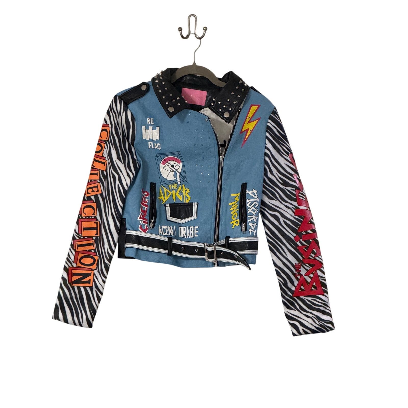 Azalea Wang Azalea Wang Blue Faux Leather Moto Jacket Zebra Sleeve Small Size S / US 4 / IT 40 - 3 Thumbnail