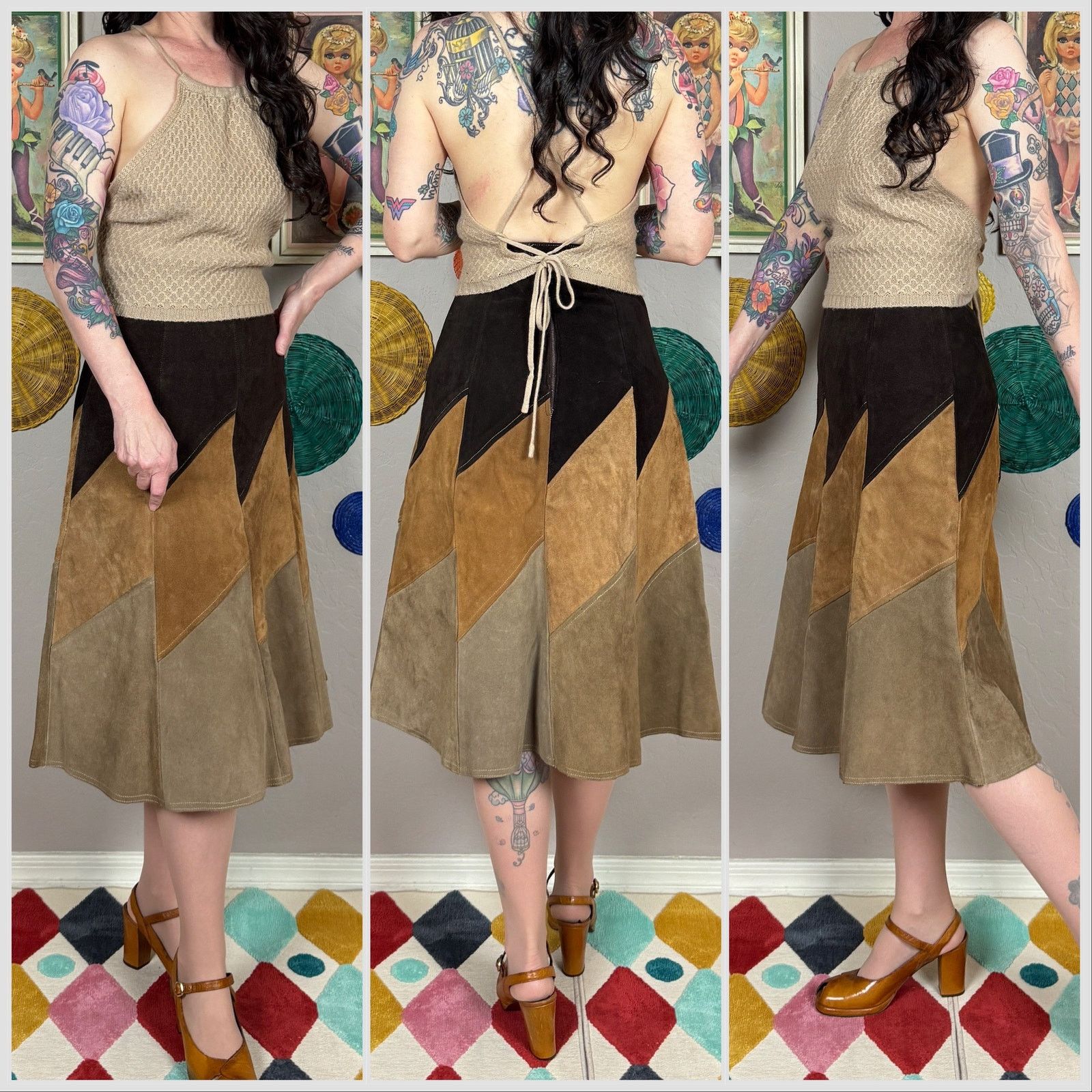 Vintage 1970s Brown Patchwork Suede Leather A-Line Midi Skirt Size 25" / US 0 / IT 36 - 2 Thumbnail
