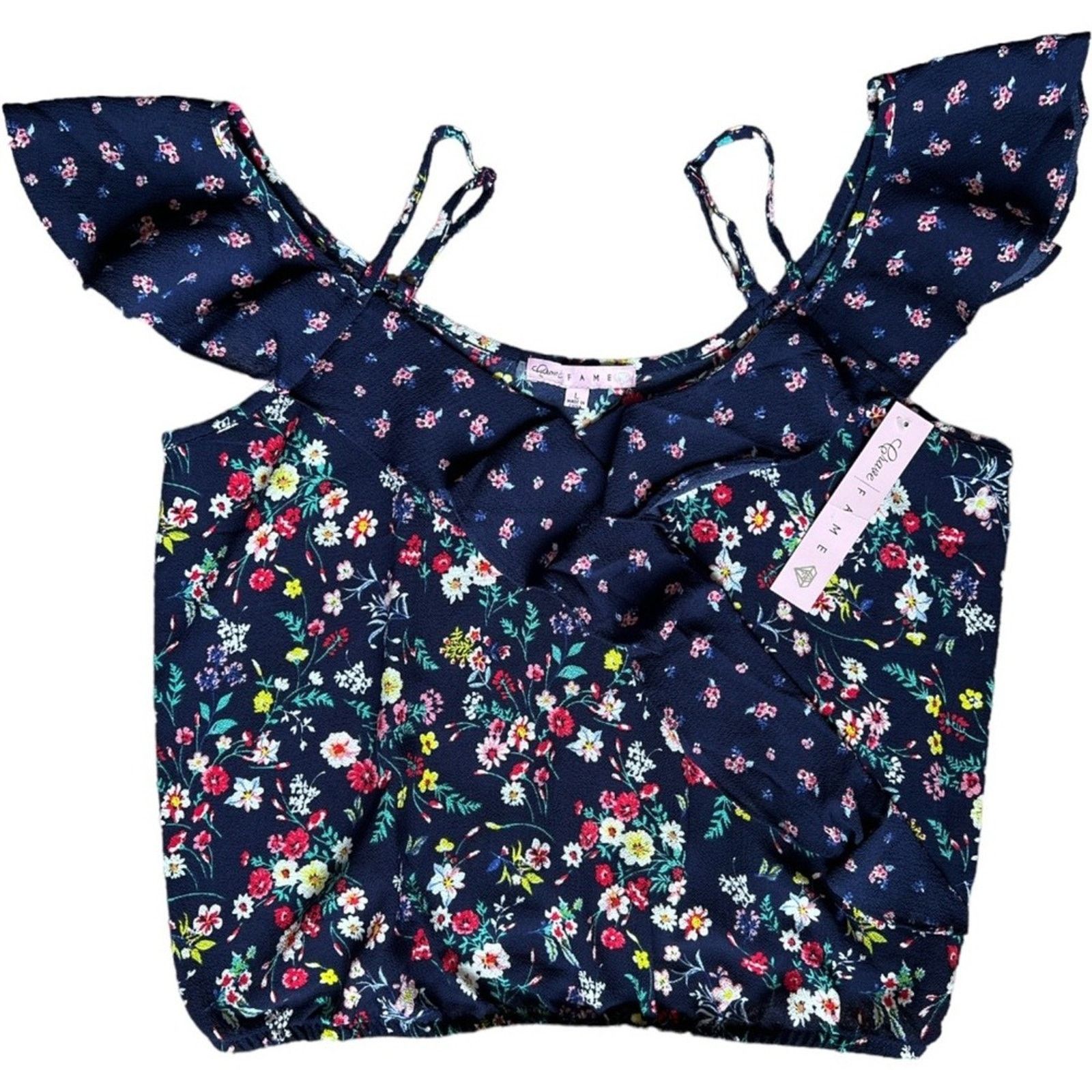 Other Crave Fame Navy Floral Cold-Shoulder Crop Top, L Size L / US 10 / IT 46 - 1 Thumbnail