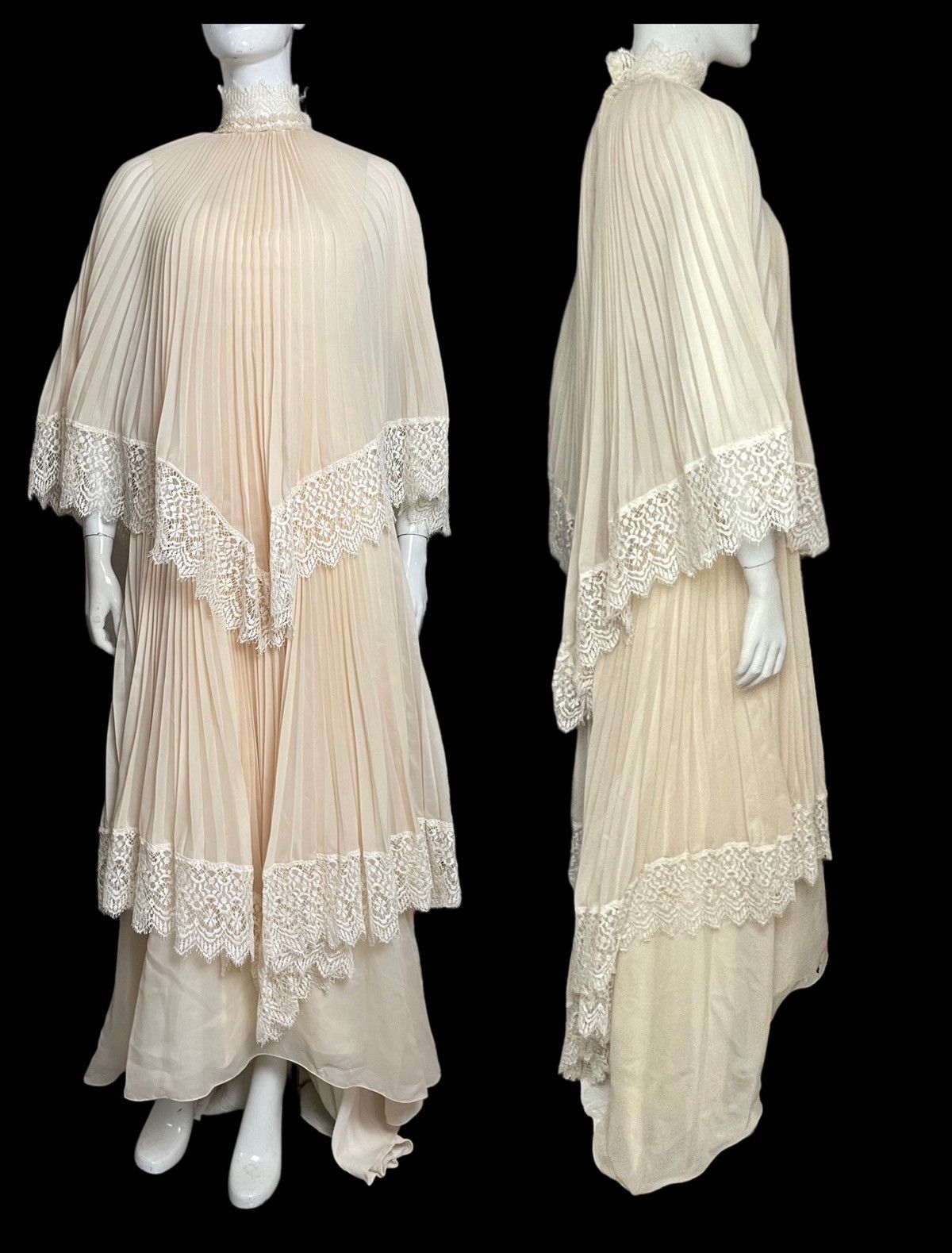 image of 1970S Pleated Lace Wedding Dress Gown Harrods in Cream, Women's (Size XS)