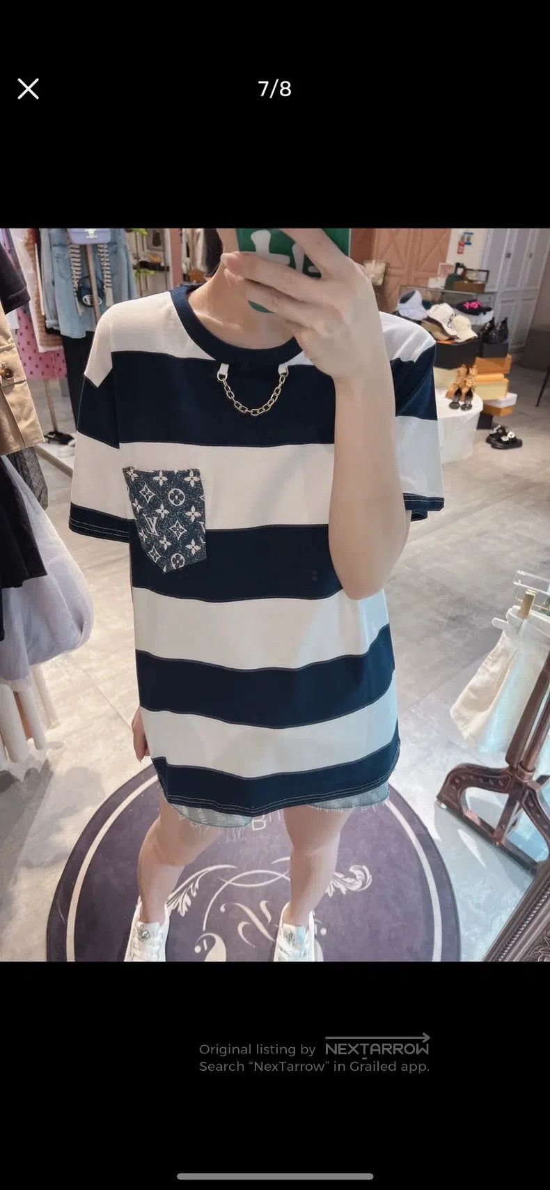 Louis Vuitton Louis Vuitton Navy striped logo denim paneled short sleeve Size L / US 10 / IT 46 - 6 Thumbnail