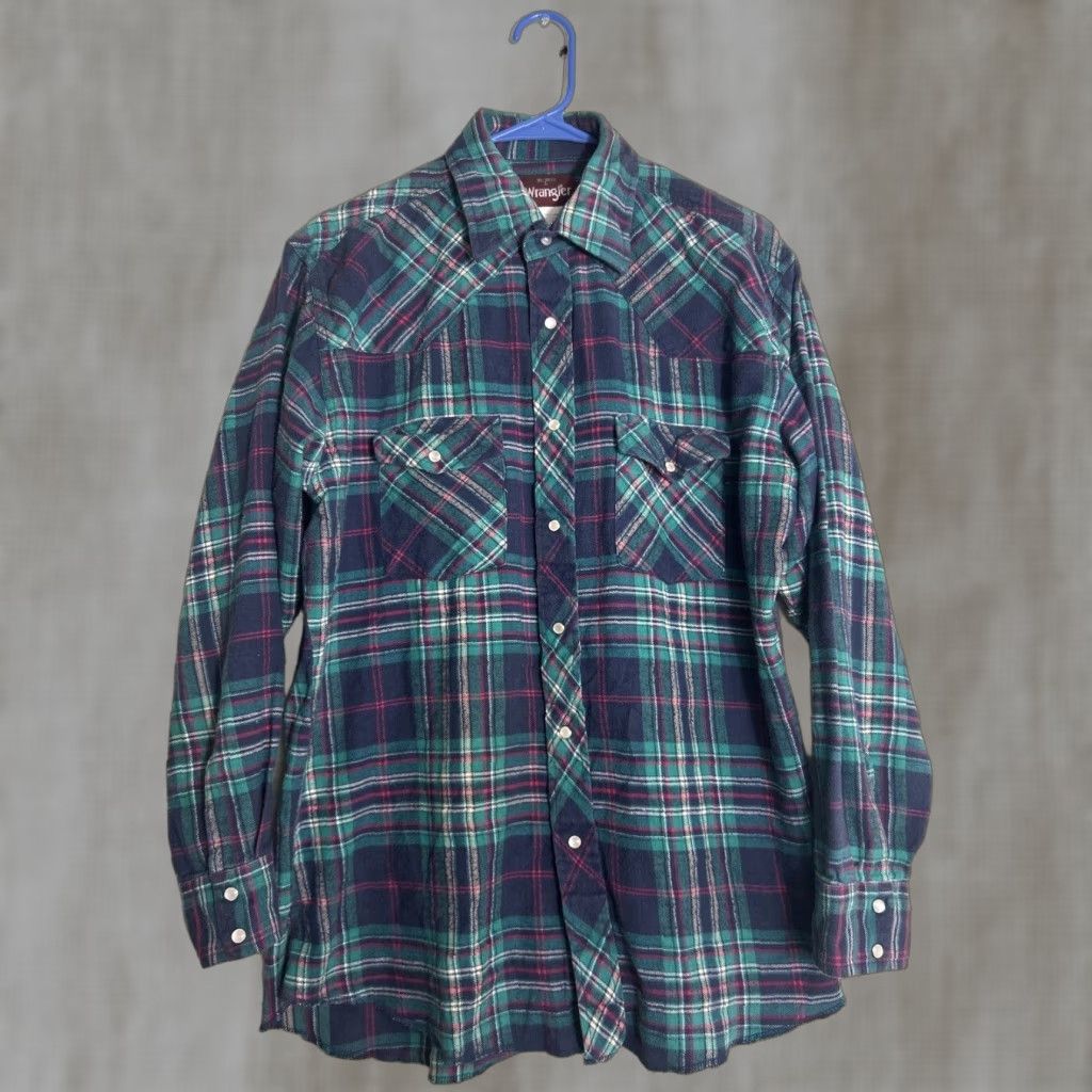 VINTAGE Wrangler Mens Large Green Plaid Pearl Snap Shirt Long Sleeve 100% Cotton