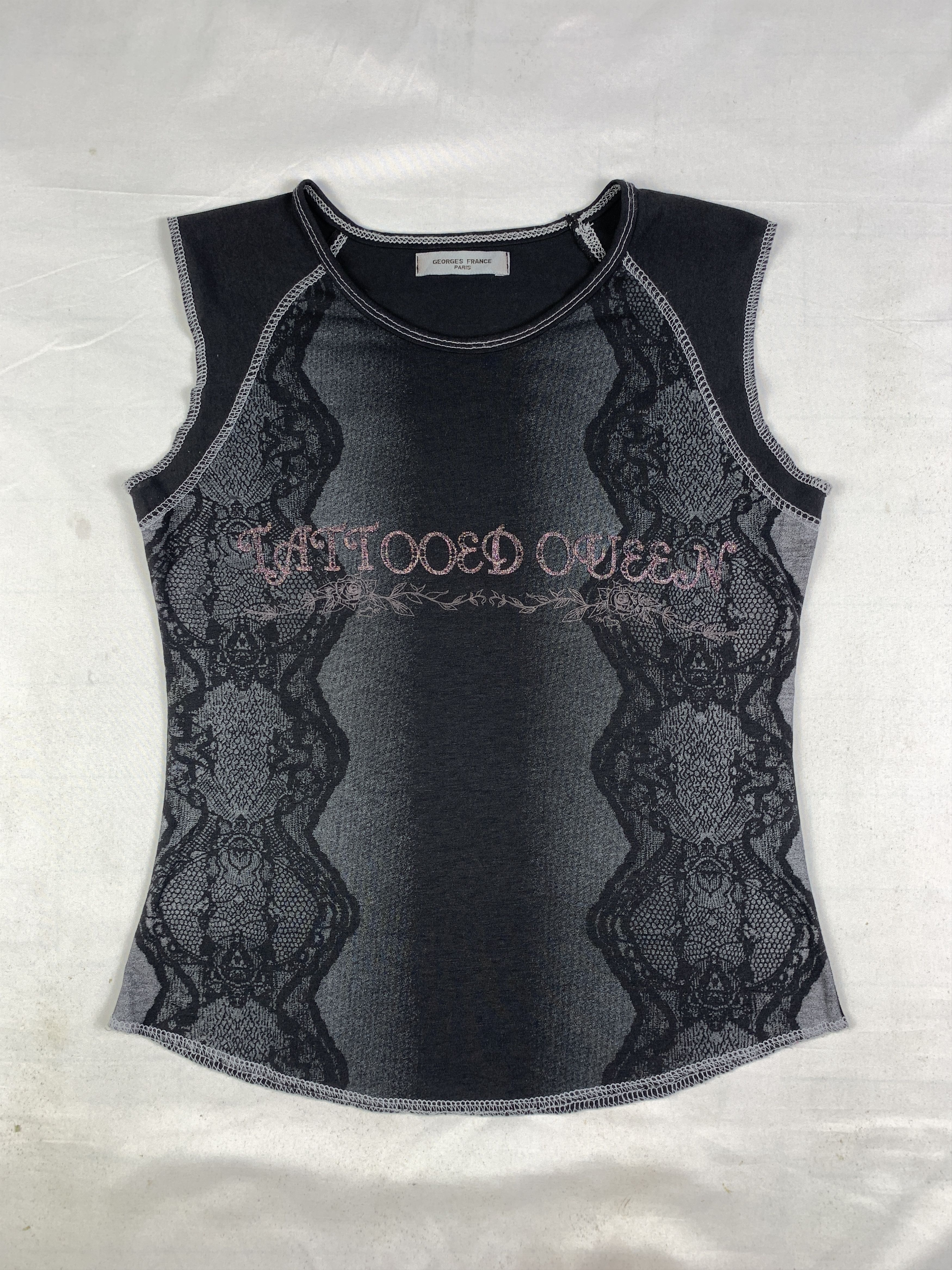 Japanese Brand Georges France Black Gradiation Tattoo Sleeveless Top (S) Size S / US 4 / IT 40 - 1 Thumbnail