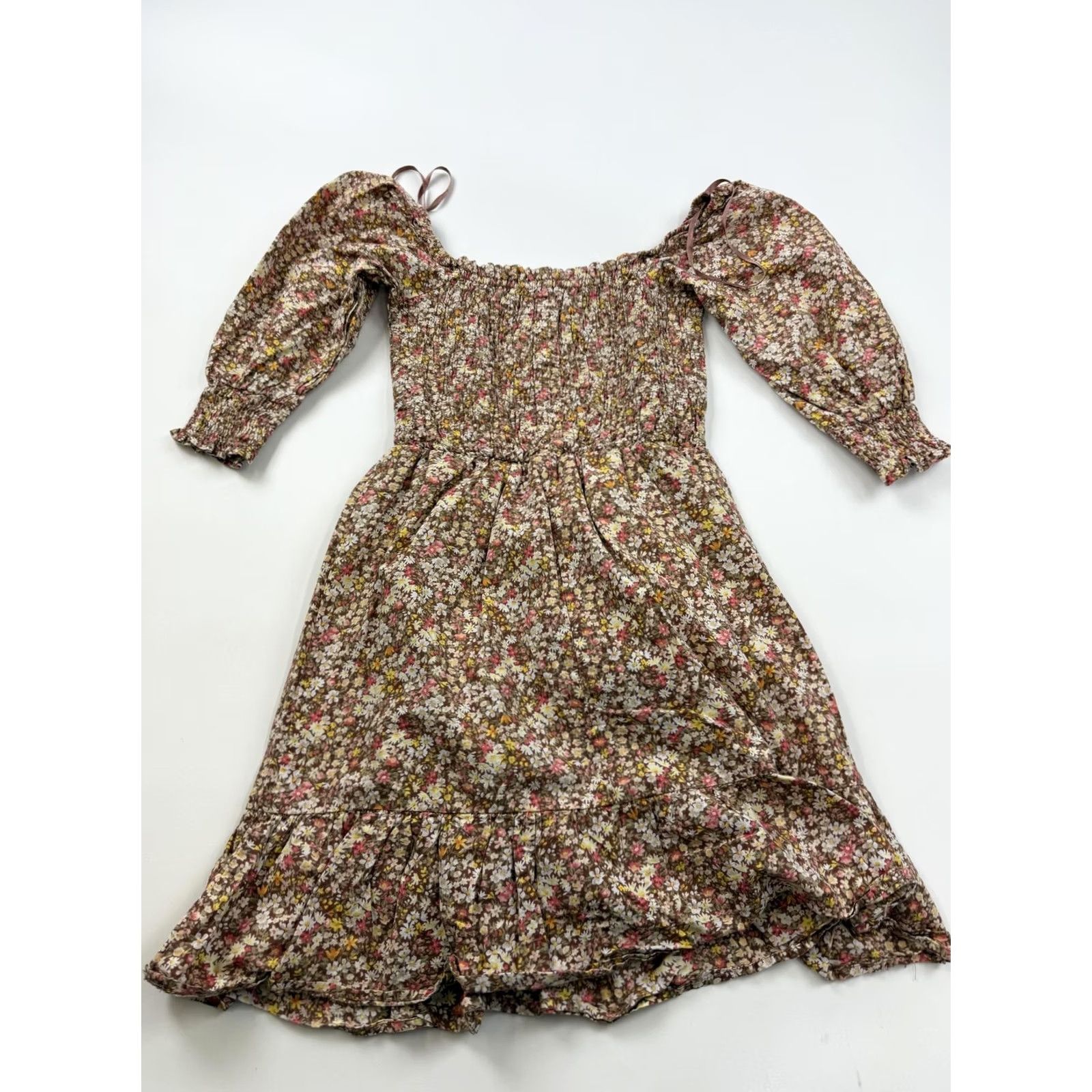 Vintage Sim & Sam Dress Womens Small Brown Floral Smocked Off Shoulder Ruffle Hem Mini Size S / US 4 / IT 40 - 7 Thumbnail