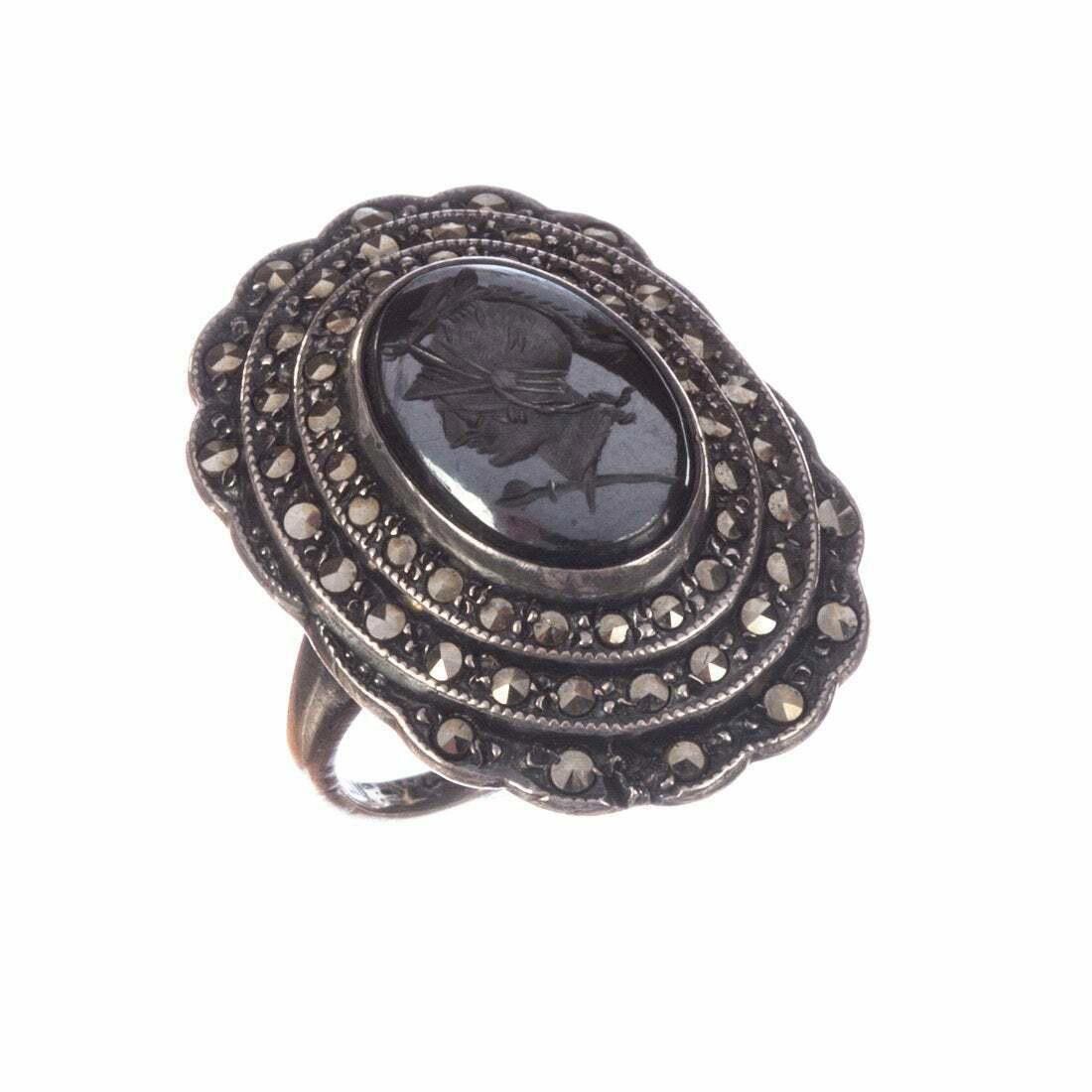 Designer Sterling Perseus Carved Hematite Intaglio Marcasite Ring Size ONE SIZE - 1 Thumbnail