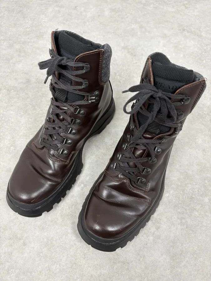 Prada 2000s Prada Brown High Leather Chunky Vibram Sole Boots Size US 10 / EU 43 - 3 Thumbnail