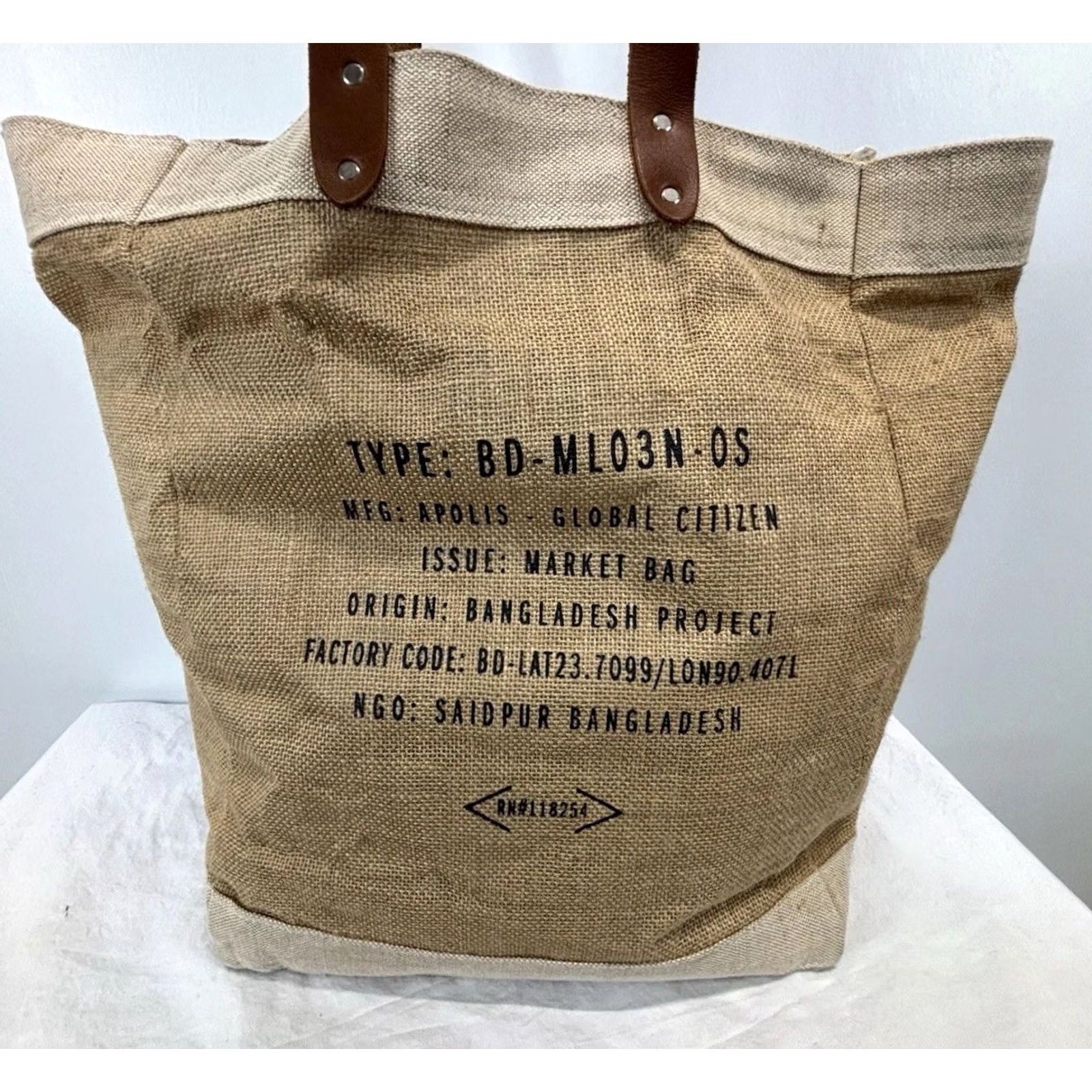 Apolis MAGNOLIA Market Apolis Large Shopping Tote Bag Jute Burlap Leather Handles Size ONE SIZE - 4 Thumbnail