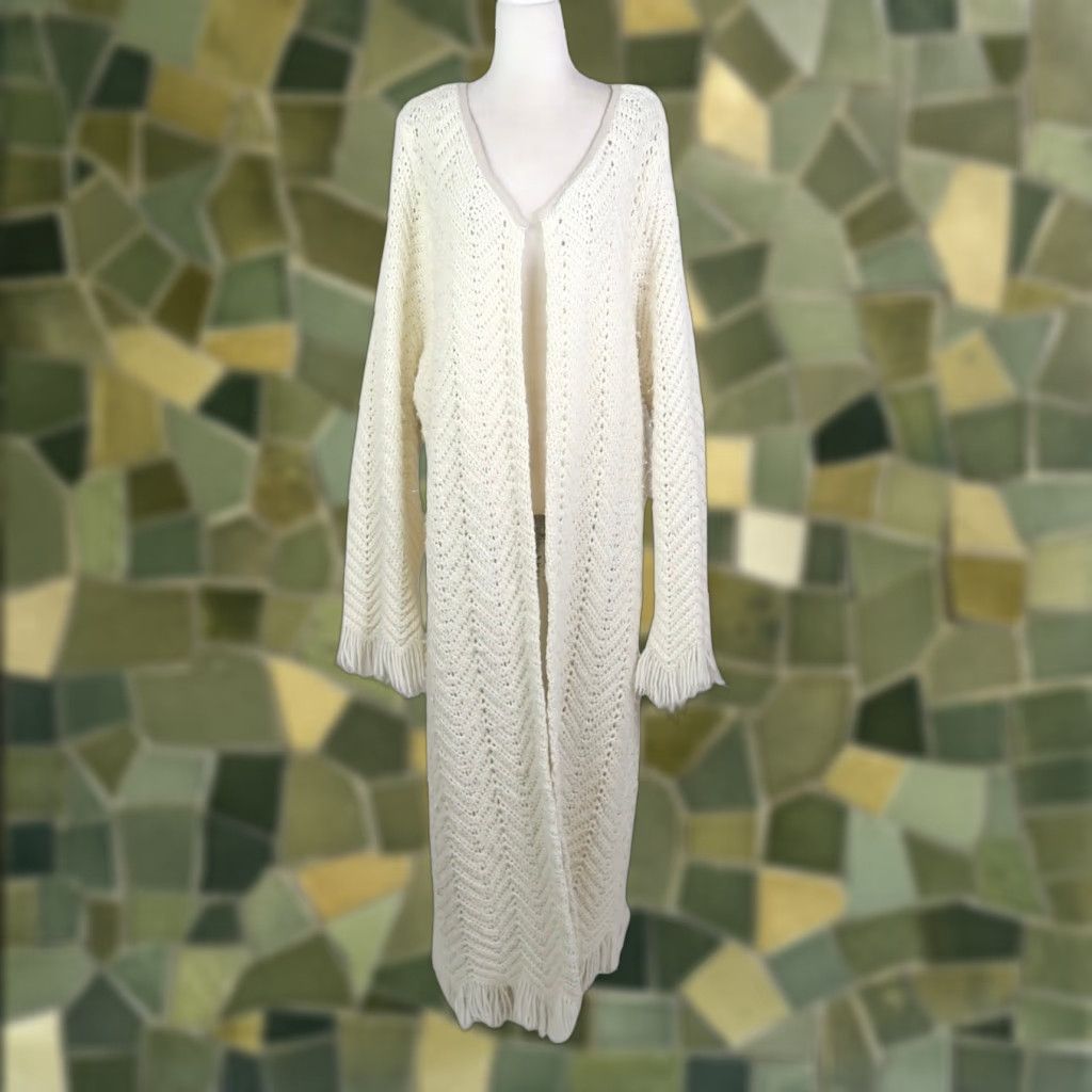Vintage VINTAGE Cream Crochet Knit Blanket Coat Long Duster Cardigan Sweater L Size L / US 10 / IT 46 - 1 Thumbnail