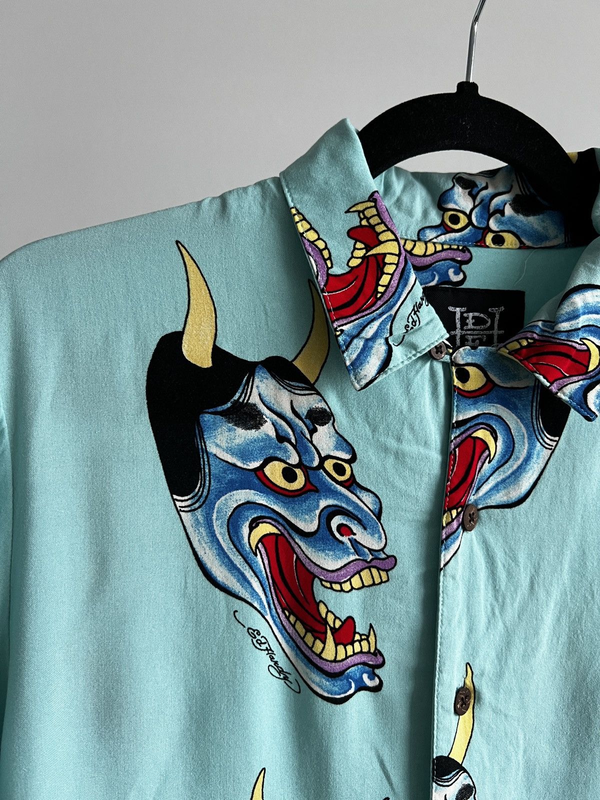 Ed Hardy Ed Hardy Devil Face Button Down Camp Shirt Aqua Size US S / EU 44-46 / 1 - 5 Thumbnail