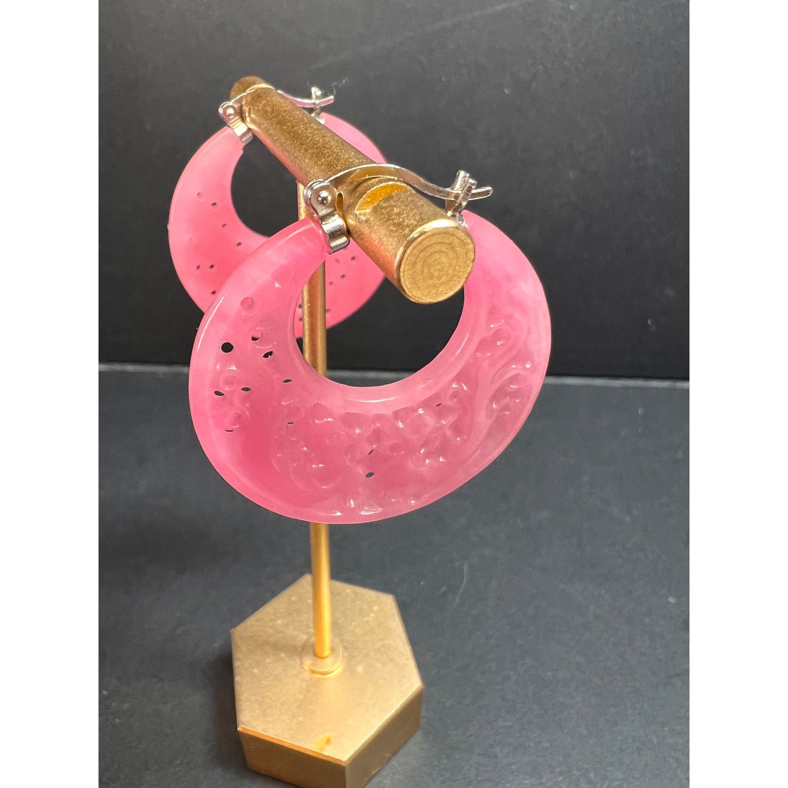 Other NEW pink jade carved dragon hoop earrings with 925 silver Size ONE SIZE - 7 Thumbnail