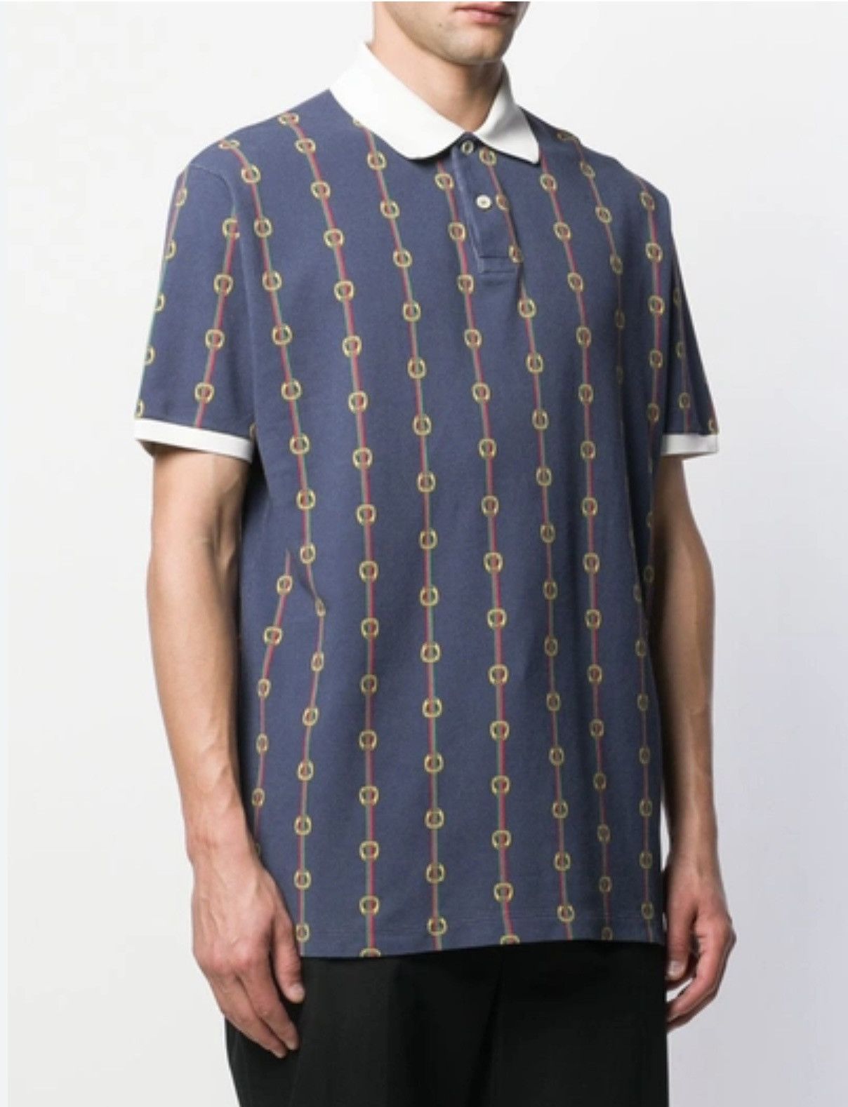 image of 2019 Gucci Horsebit Chain Print Oversized Polo Shirt in Blue, Men's (Size Medium)